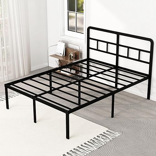 Miniatura 9 de Base de cama Queen de 14 pulgadas con cabecero, no necesita somier, plataforma de metal resistente tamaño Queen con listones de acero, base de