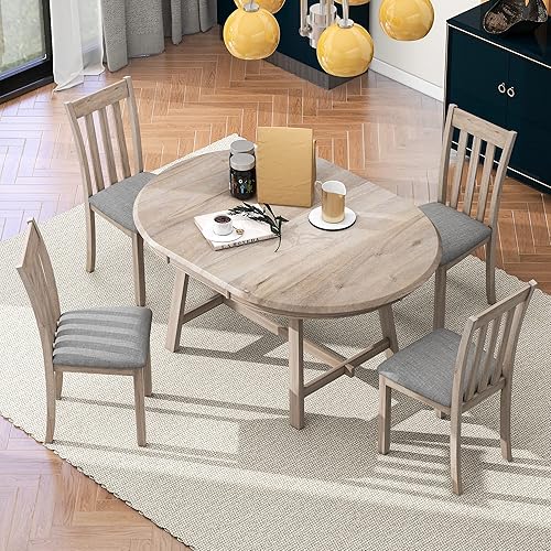 XD Designs Farmhouse - Juego de mesa de comedor redonda expandible retro para 4 personas, juego de mesa de cocina y comedor de madera maciza de 5