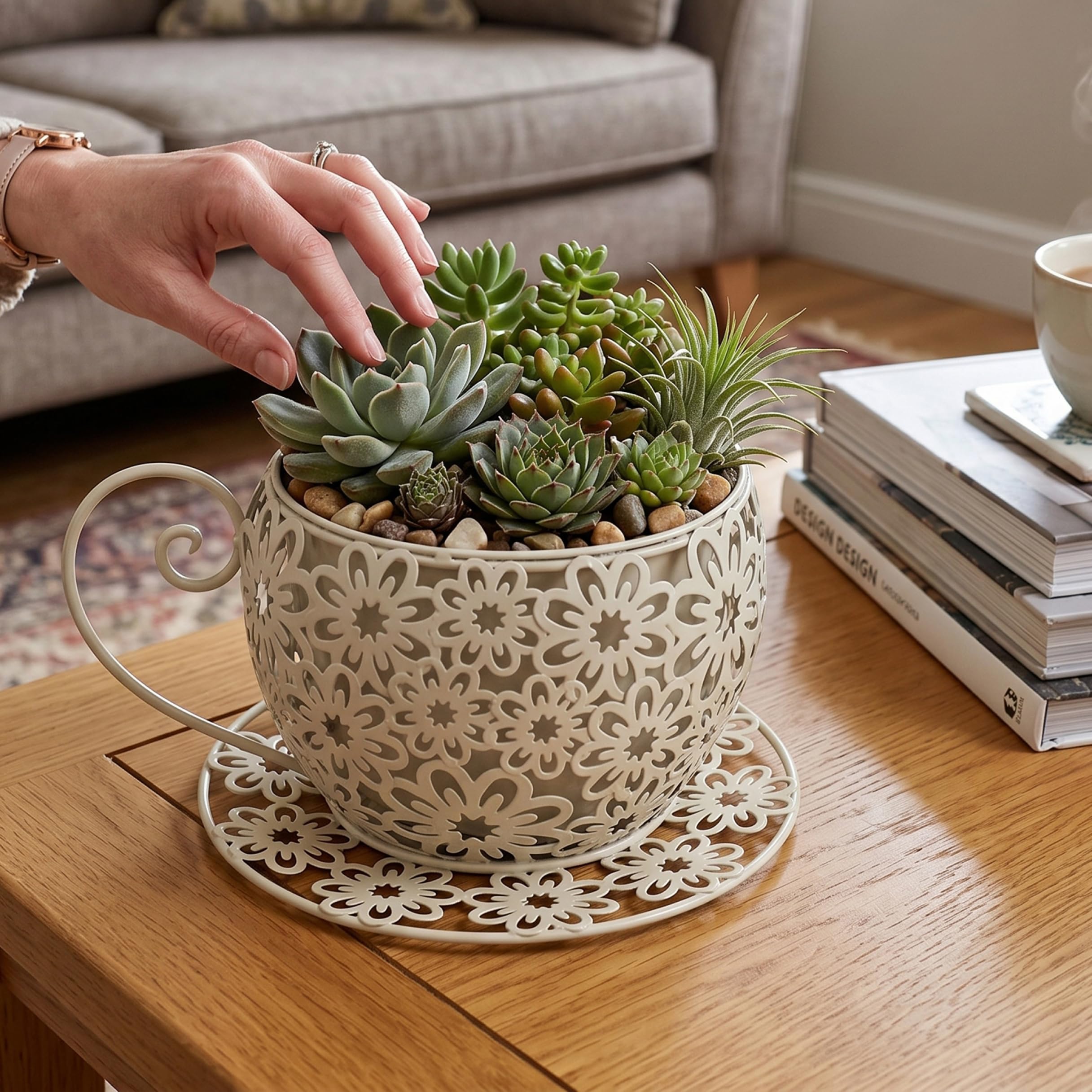 Faticenic Teacup Planter, Exquisite Unique Plant Pots Coffee Cup Succulent Planter with Hollow Floral Design Iron Teacup for Indoor Outdoor Decor, White, Small