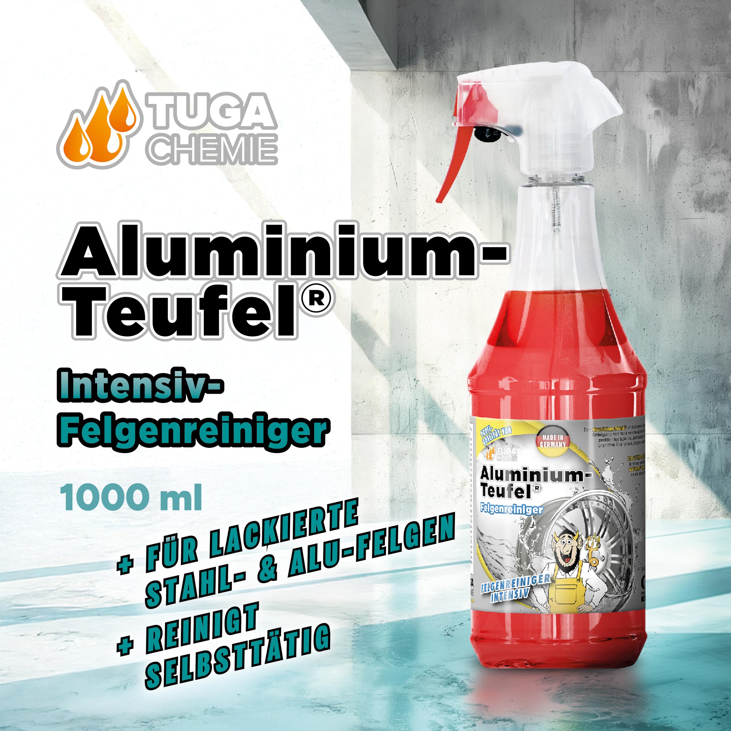 TUGA Chemie Aluminium-Teufel Felgenreiniger– säurehaltig, extra stark gegen Bremsstaub & Flugrost, für Alu- und Stahlfelgen, Felgenreiniger - 5 L Kanister - Made in Germany