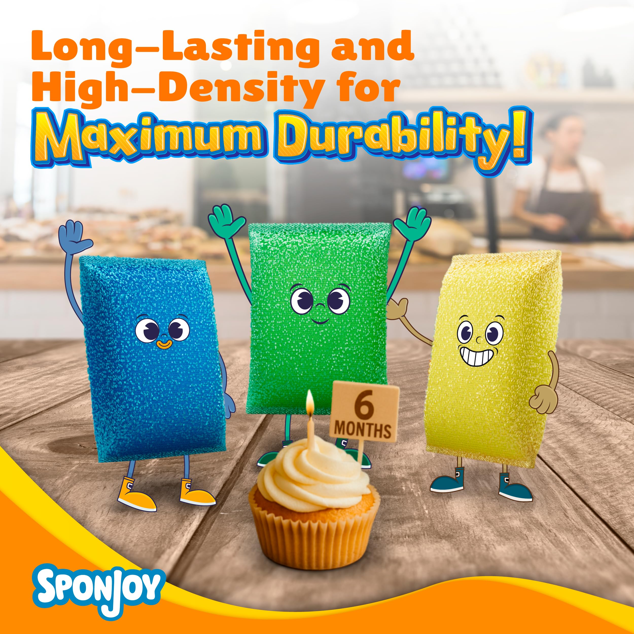 Sponjoy 6-Pack Dish Sponges Kitchen - Colorful Kitchen Sponges for Washing Dishes, Non-Scratch & Odor-Resistant Dish Sponge Bulk, Long-Lasting & Durable for Multi-Surface Cleaning, Dishwasher Safe