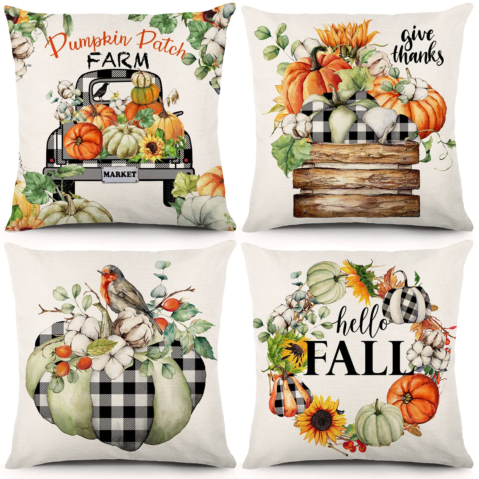 Bowount Fall Pillow Covers 18x18 Inch Set of 4 Autumn Decorations Throw Pillowcase Sunflower Pumpkin Truck Farmhouse Linen Cushion Case for Sofa and Home Decor