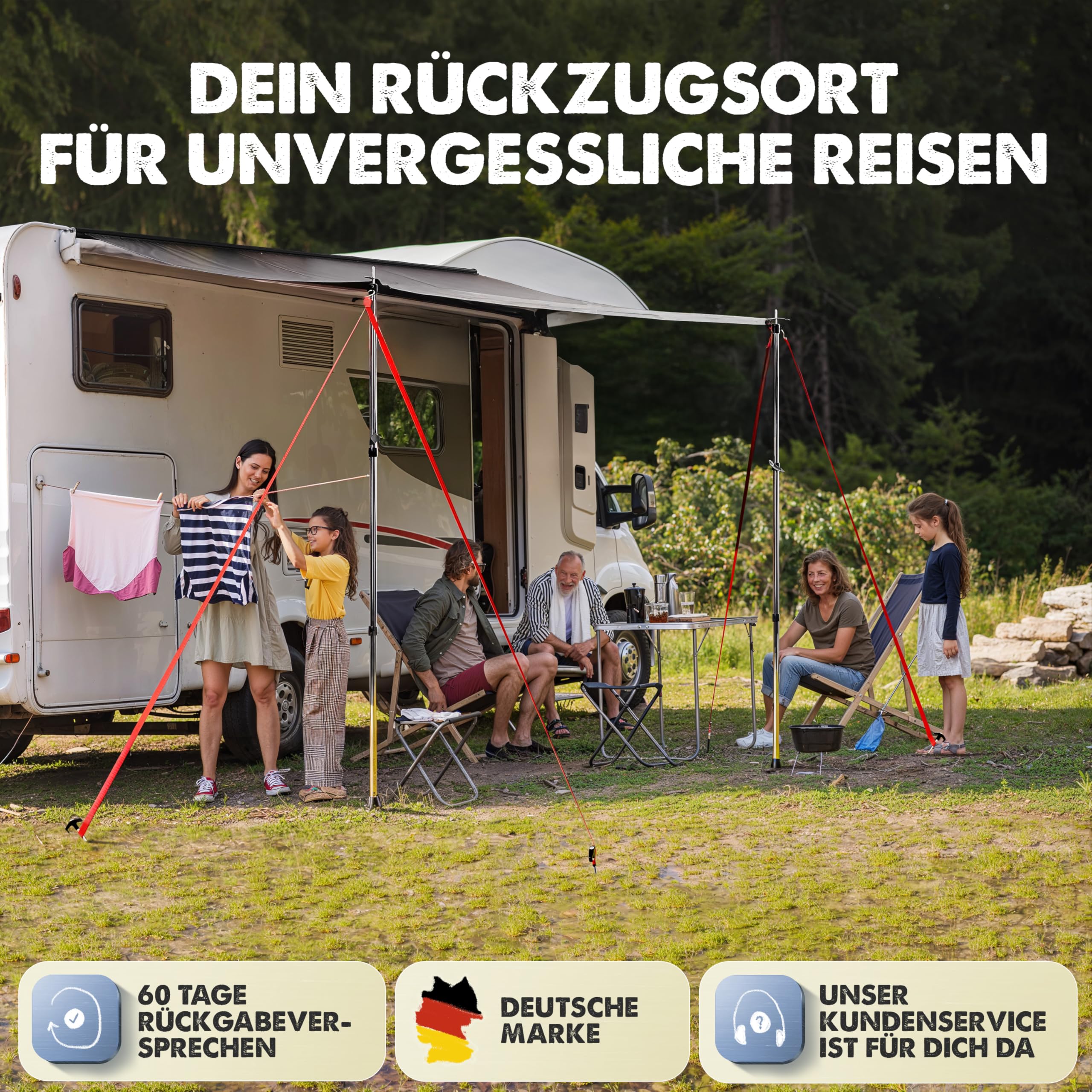 Sonnensegel für Wohnwagen & Bus (2,2 x 2,5 m) mit Keder – Inkl. 2 Teleskopstangen – Universelles Vorzelt & Markise für Auto & Camping