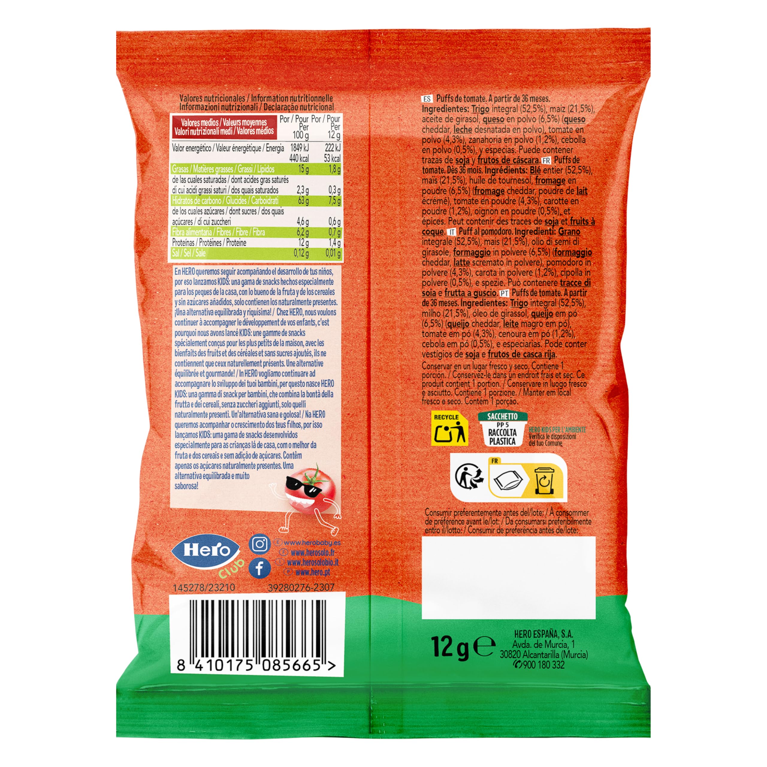 Hero Kids - Puff Snack de tomate, ingredientes 100% naturales, fuente natural de fibra, sin sal añadida, sin aceite de palma, sin aditivos, snack para niños, paquete de 12 x 12 g