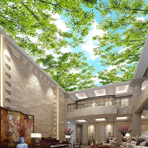Mural de pared 3D para techo con temática de bosque, cielo azul, nubes blancas, hojas verdes, papel tapiz fotográfico grande para sala de estar,