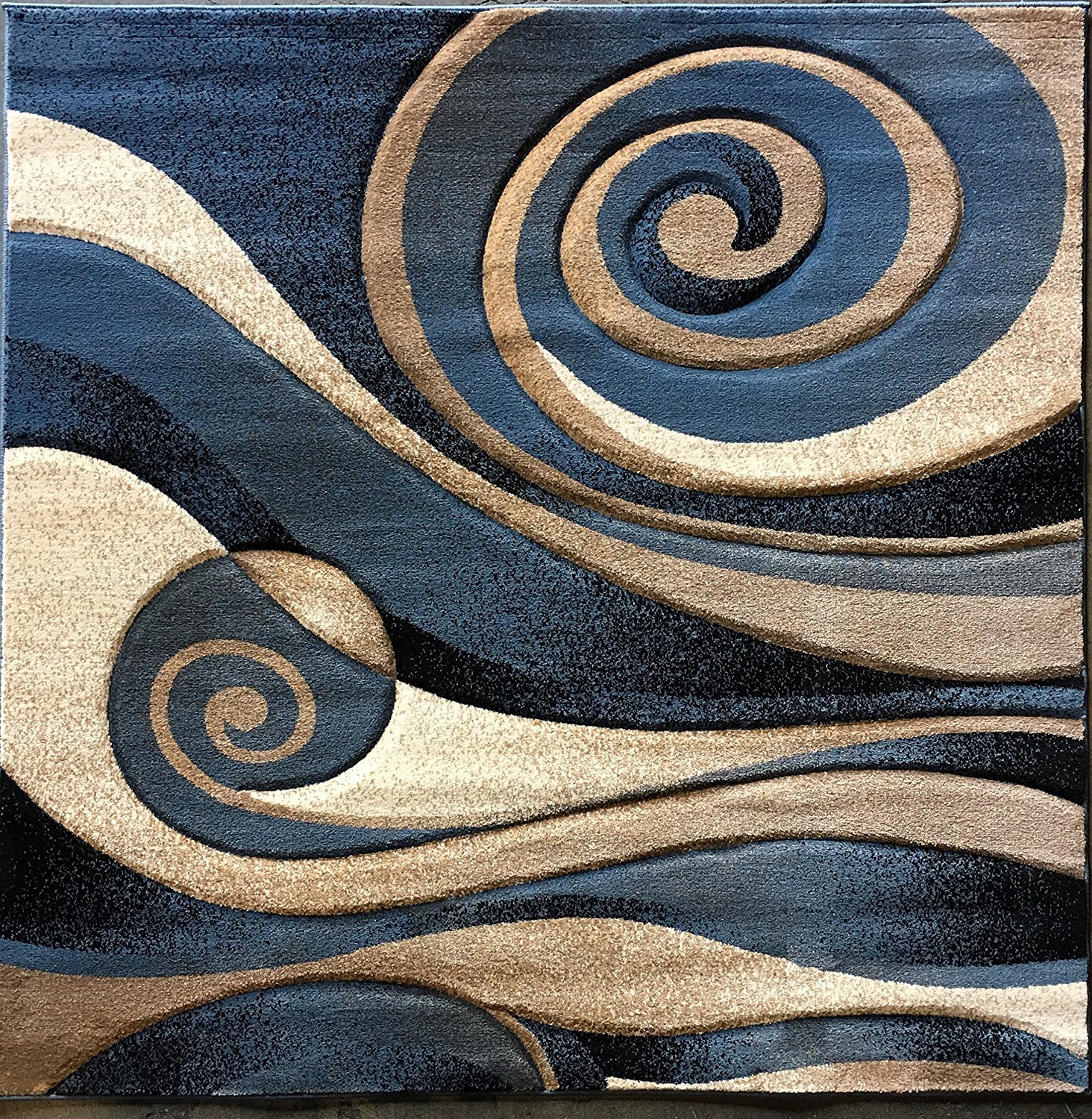 Nikos Modern Square Contemporary Area Rug Blue Beige Black Ivory Abstract Sculpture Design 258 (7 Feet 8 Inch X 7 Feet 8 Inch)