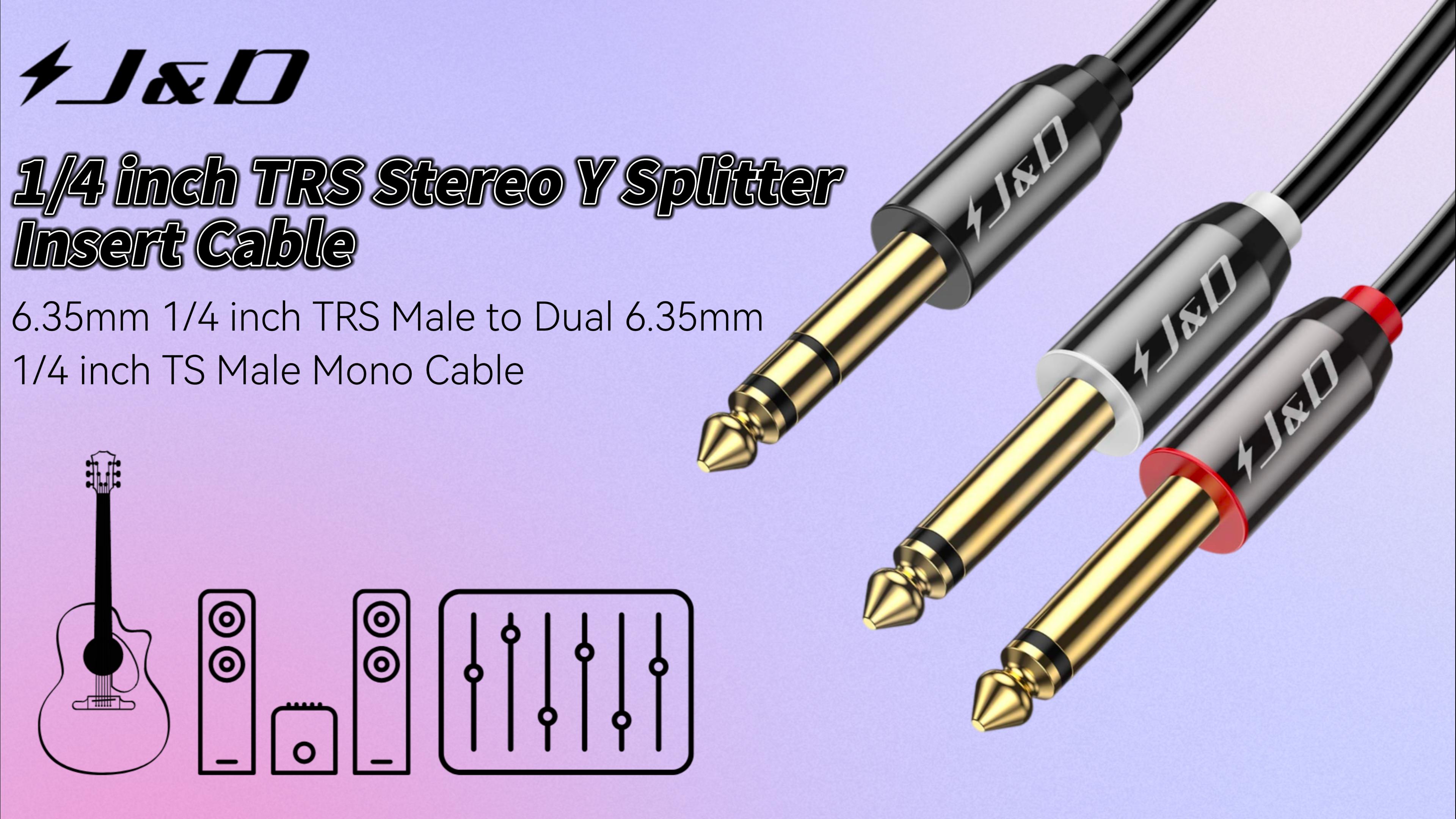 Câble Y Splitter Audio J&D 6.35mm Plaqué Or - TRS Stéréo Mâle Vers 2x TS Mono Mâle 1/4 Pouce - Adaptateur HiFi Studio