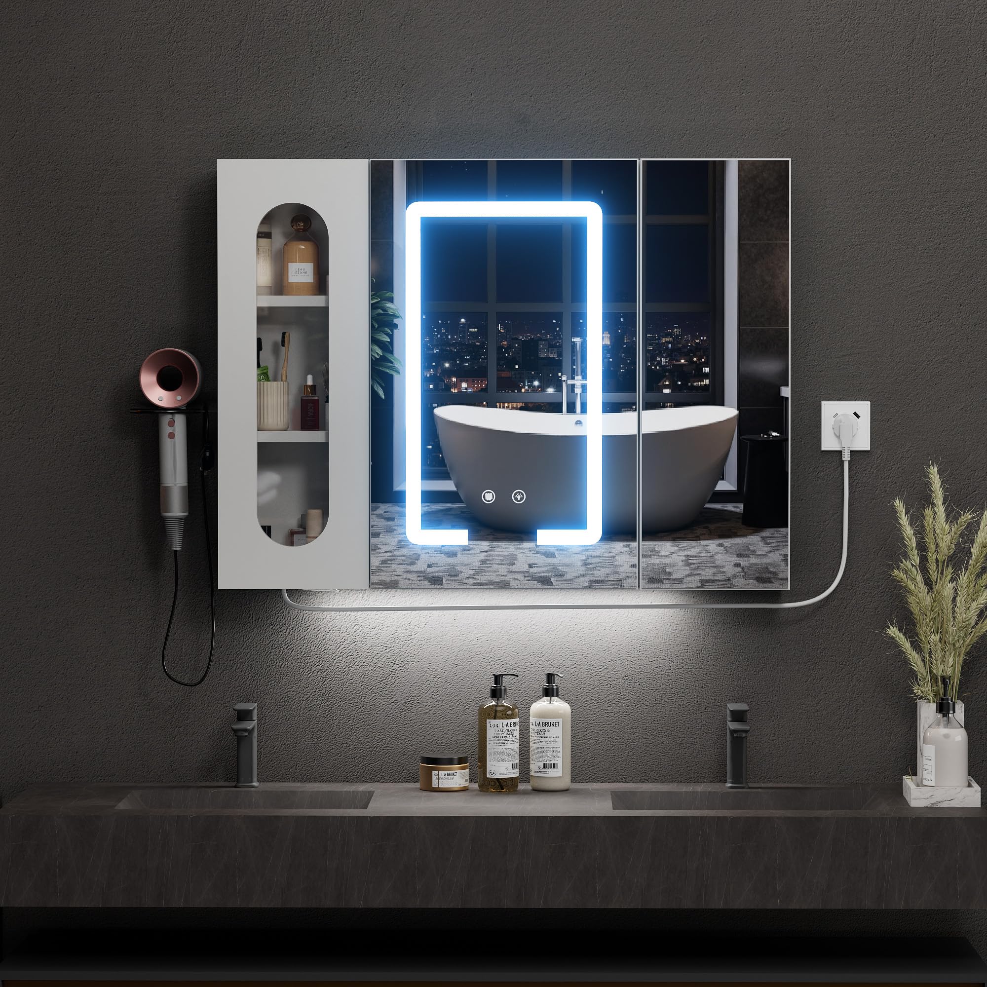 Spiegelschrank Bad mit Beleuchtung und Antibeschlag Funktion Hängender Badezimmer Spiegelschrank mit Steckdose (2*AC + 3*USB) und 3 Freistehende Staufächer für Badezimmer,80x60x16 cm