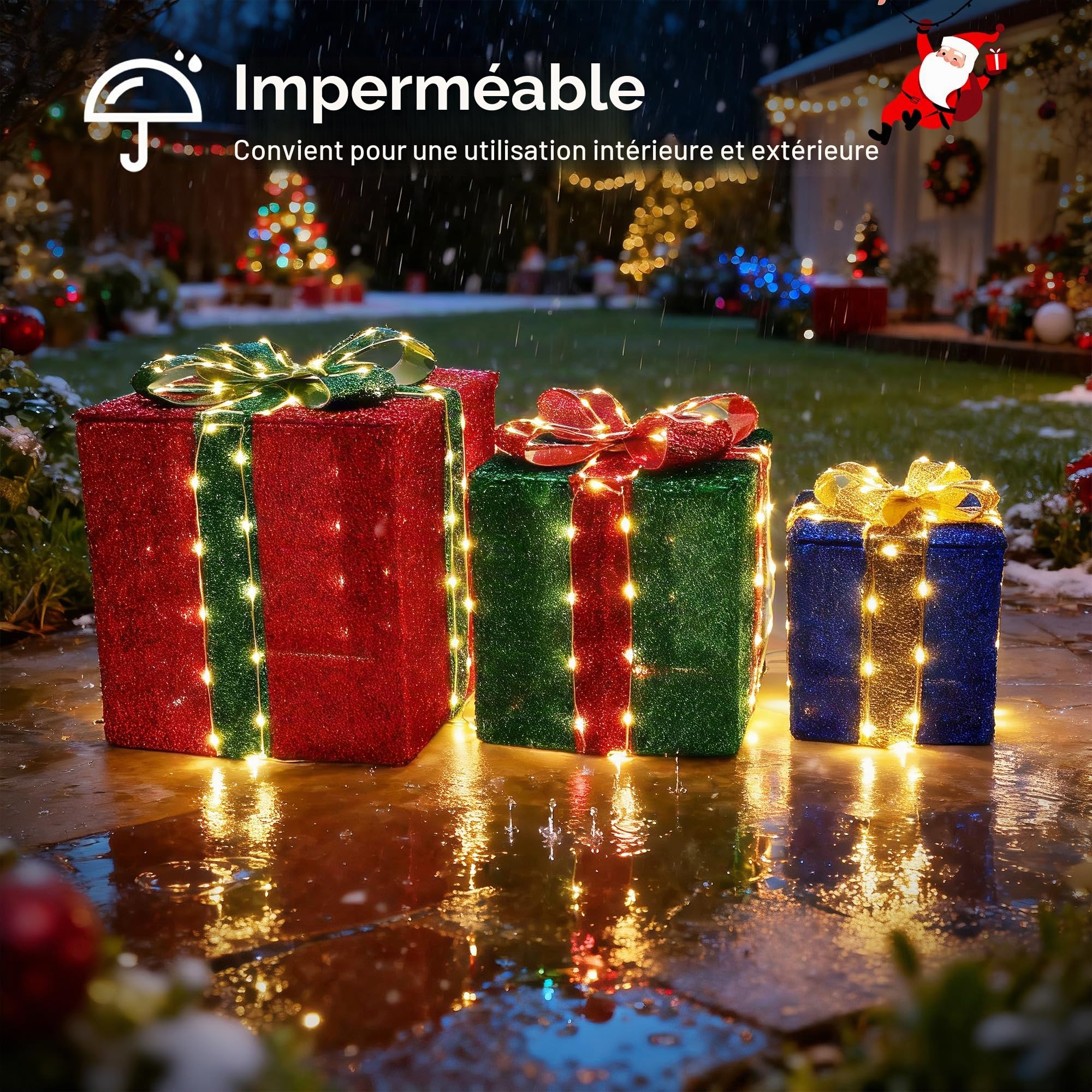 iBaycon Coffrets Cadeaux Lumineux De Noël,Blanc Chaud 160 LED Lot De 3 | Led Coffrets Cadeaux Avec Minuterie Prise de Courant,Décorations De Noël ,Éclairage d'Extérieur Jardin Pelouse Cour