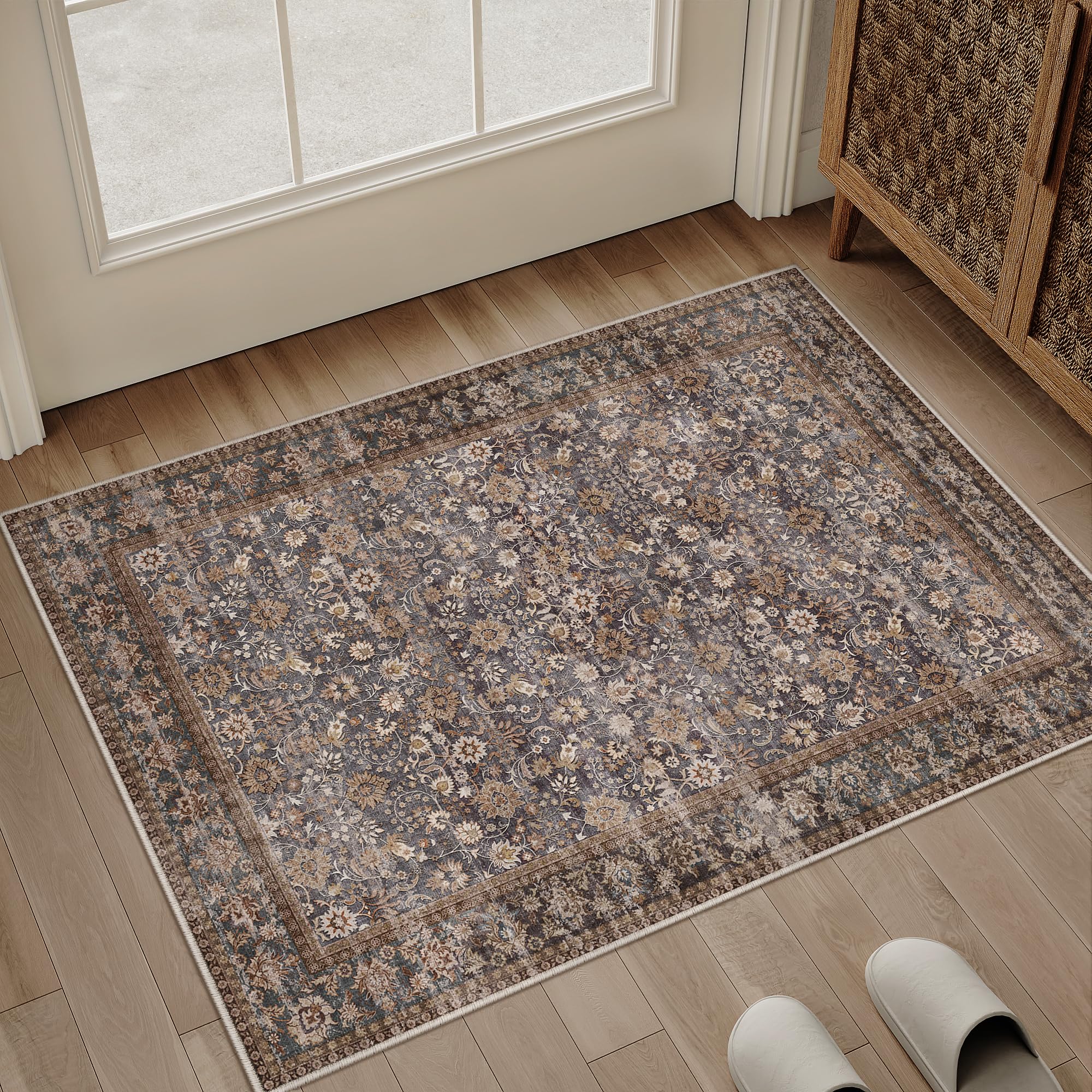 hugear 10x14 machine washable rugs tradition brown hallway large area rug indoor accent rug floral low pile carpet soft throw aesthetic rug bedroom living room office dining room kitchen laundry room
