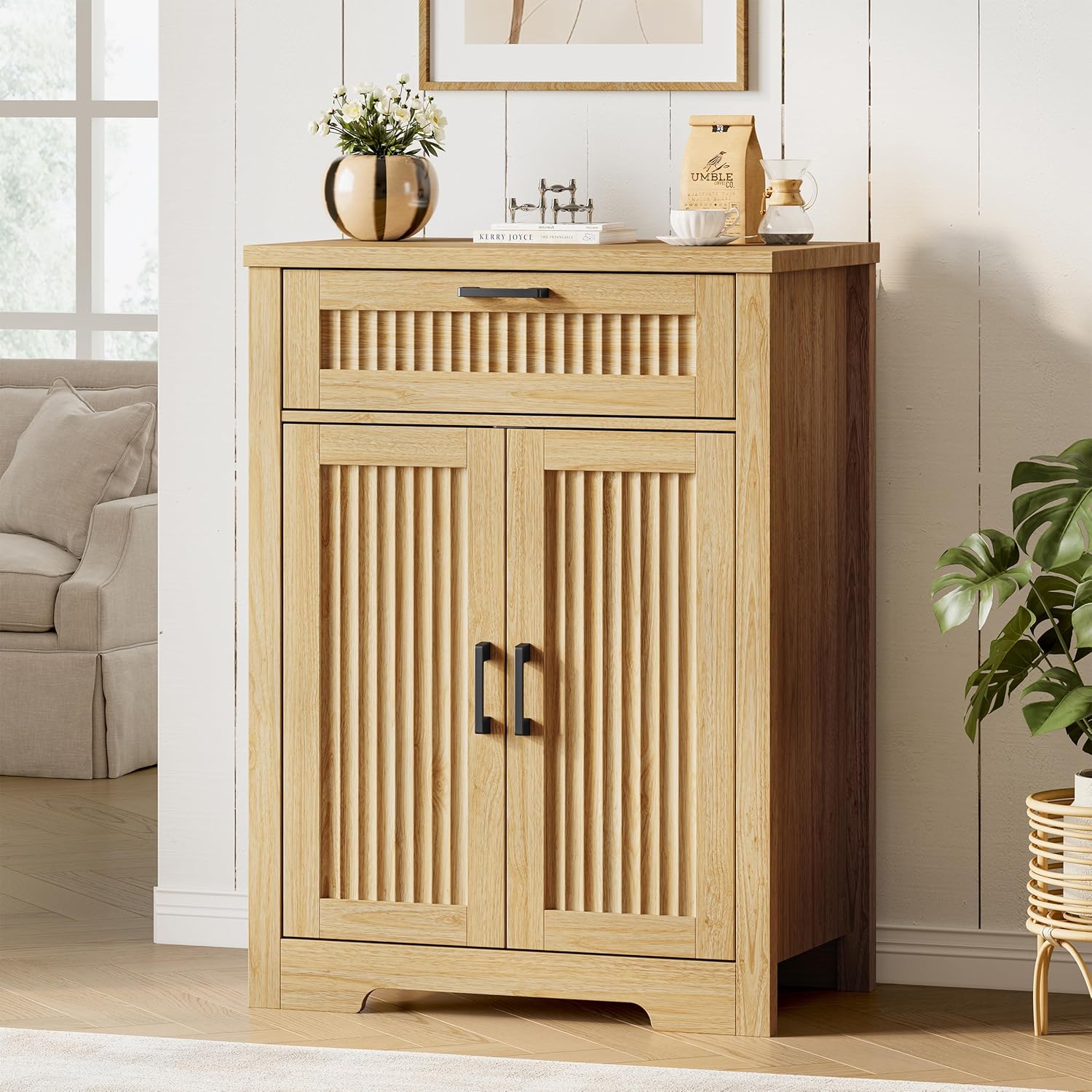 Fluted Buffet Sideboard Cabinet with Storages, Modern Buffet Table with 2 Drawers & 4 Doors, Wood Coffee Bar Console Table with Adjustable Shelves for Kitchen, Living Room, Dining Room, Walnut