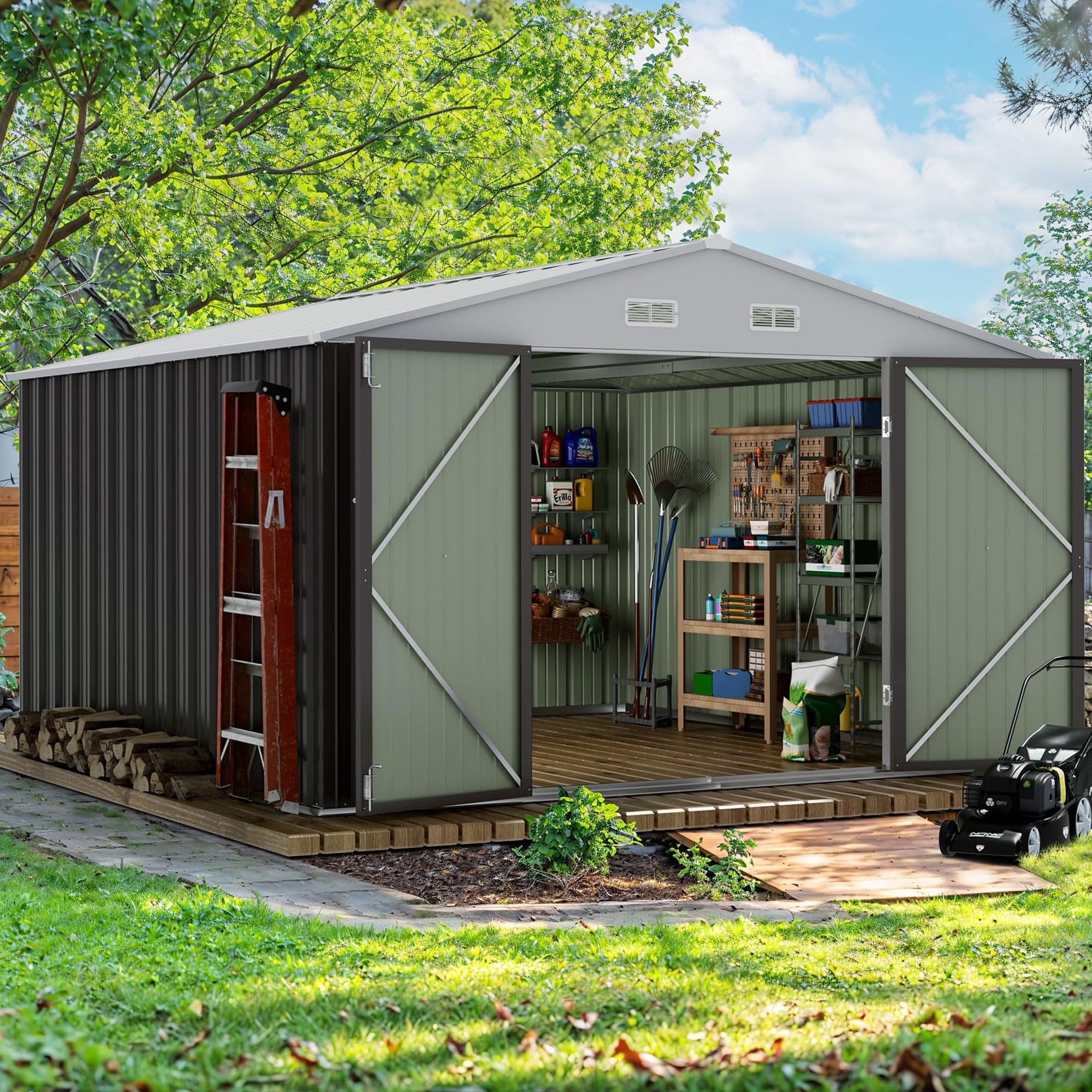 10 x 10 FT Outdoor Storage Shed, Metal Garden Sheds & Outdoor Storage Clearance, Large Tool Shed Outdoor with Single Lockable Door for Patio Lawn Backyard (Gray)