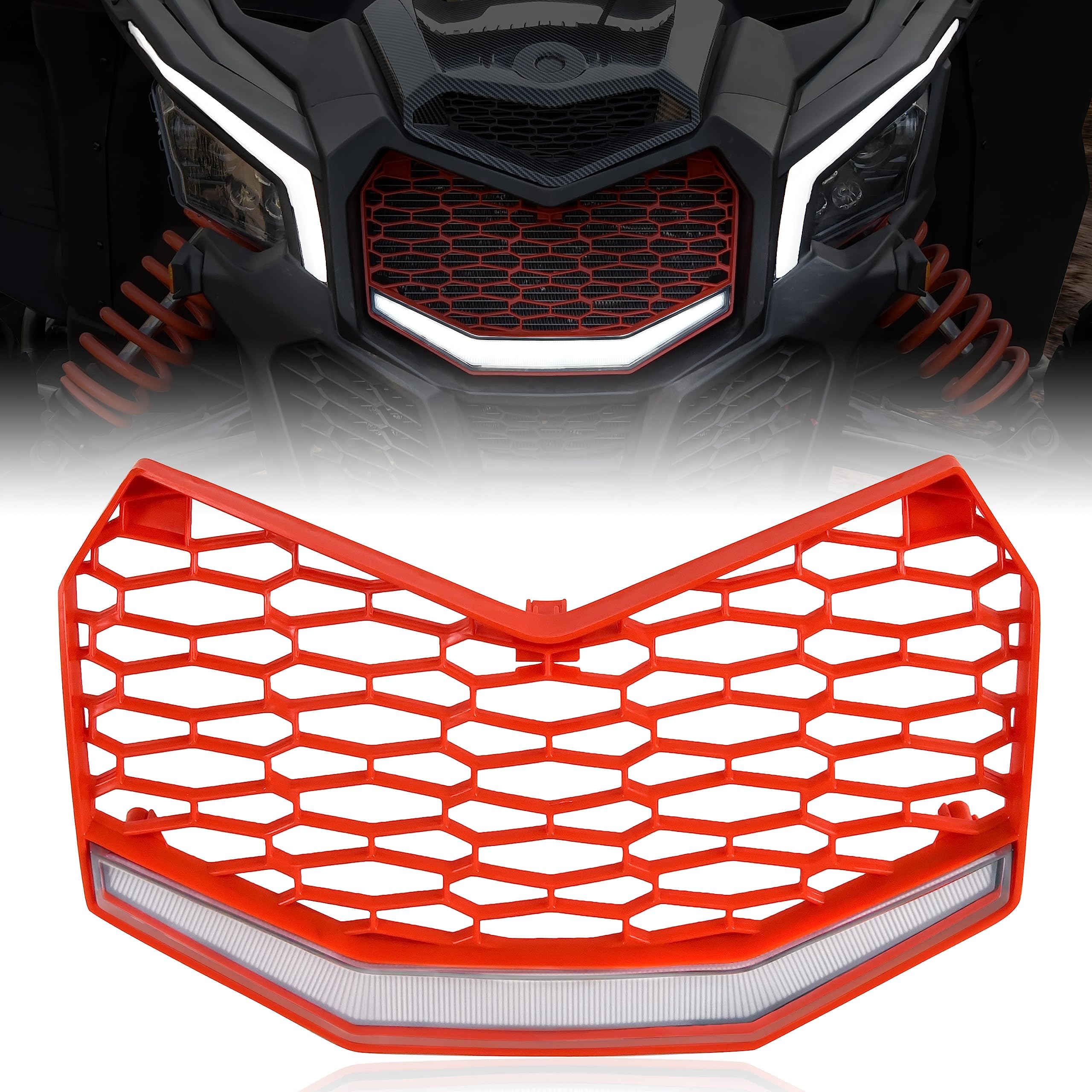 SAUTVS Front Red Grille with LED Light for Maverick X3, New Red Premium Front Bumper Mesh Grill with LED Light Bar for Can-Am Maverick X3 MAX Turbo R 2017-2025 Accessories