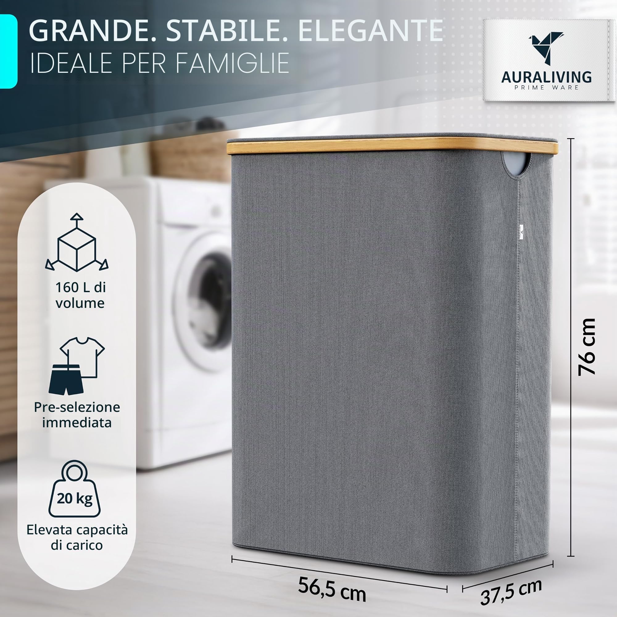 Auraliving, cesto portabiancheria a 3 scomparti, 160 l, con coperchio, telaio in bambù e anelli in metallo stabili, pieghevole, sottile e con 3 sacchetti rimovibili e lavabili, colore: grigio