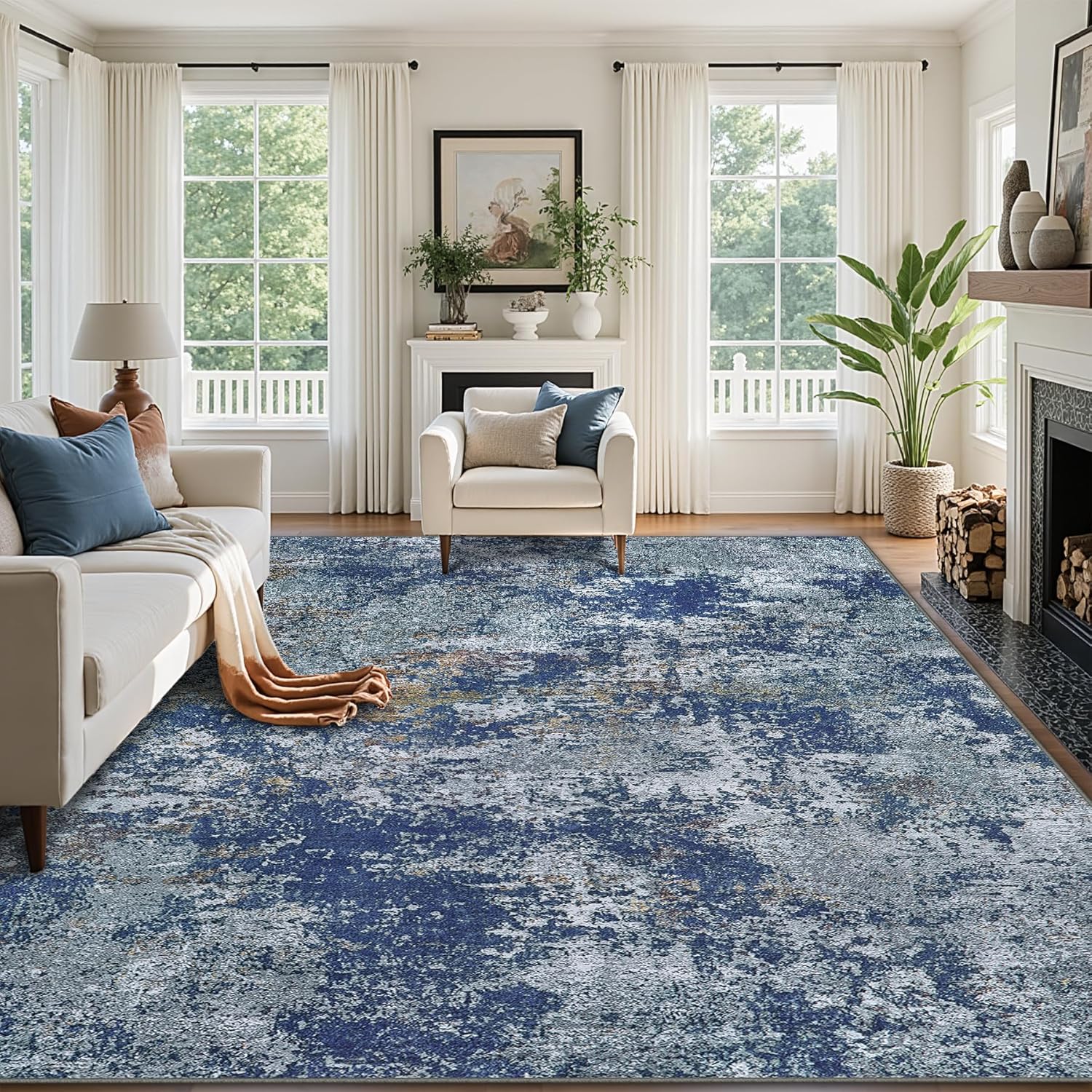 Area Rugs 9x12 Living Room: Large Machine Washable Area Rug with Non Slip Backing Non Shedding Abstract Stain Resistant Carpet for Bedroom Dining Room Nursery Home Office - Blue 9' x 12' (Rectangular) Blue
