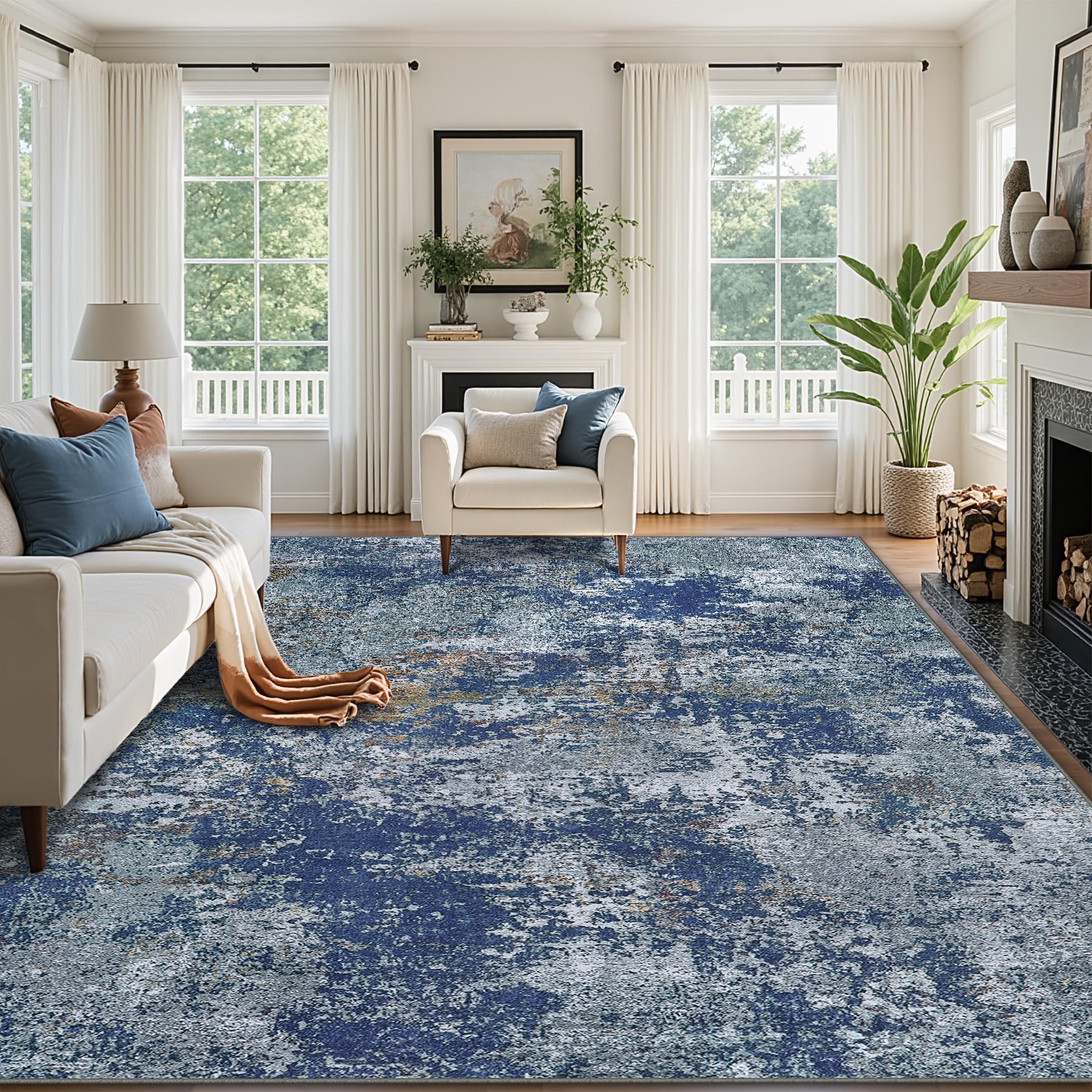 8x10 Area Rugs for Living Room：Large Machine Washable Area Rug with Non Slip Backing Non Shedding Abstract Stain Resistant Carpet for Bedroom Dining