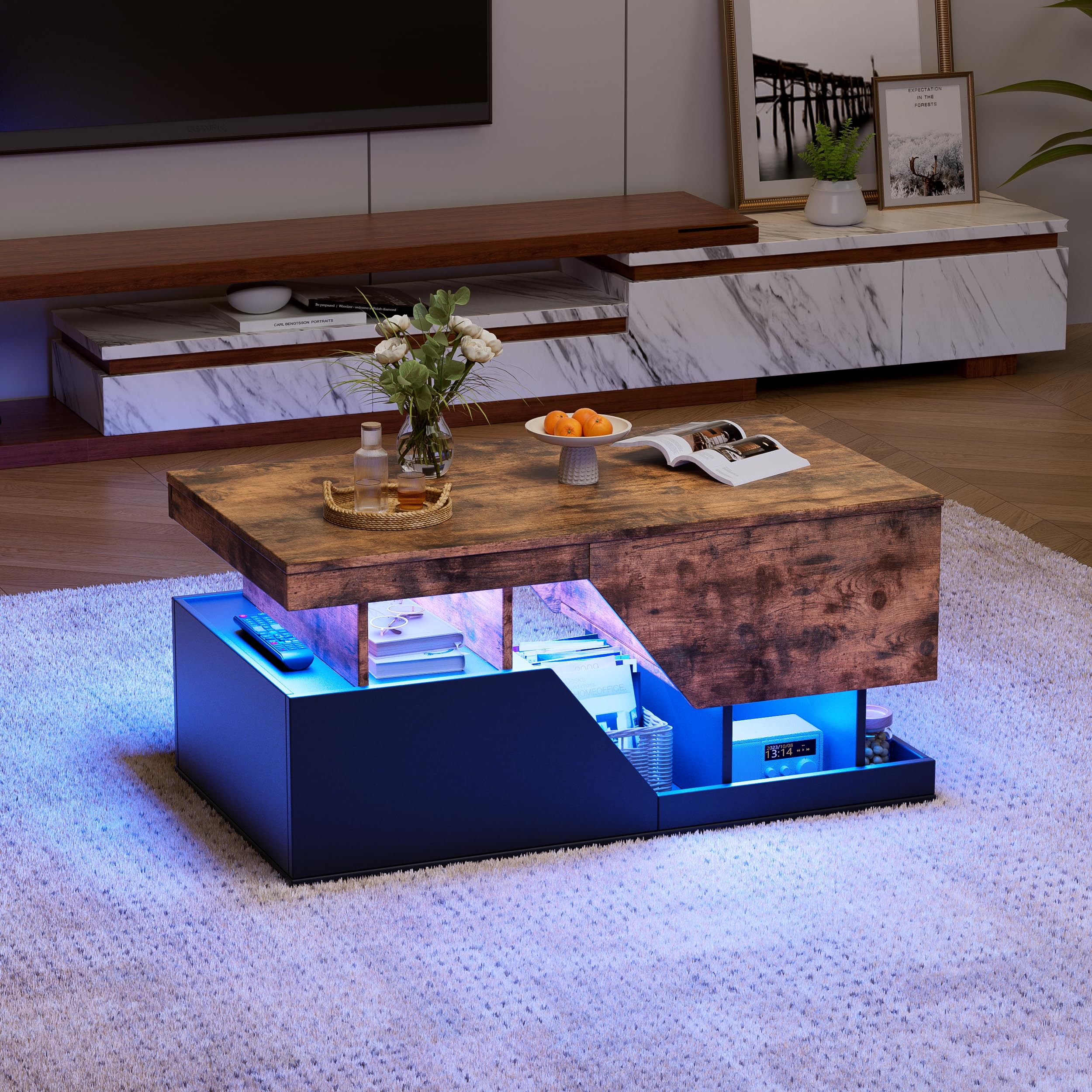 MSFE Couchtisch LED, Wohnzimmer Möbel mit 4 Schubladen und Offener Lagerraum, Couchtisch mit stauraum, Sofa Tisch, Wohnzimmertisch für Wohnzimmer/Esszimmer, Wohnzimmermöbel,Zwei Pakete