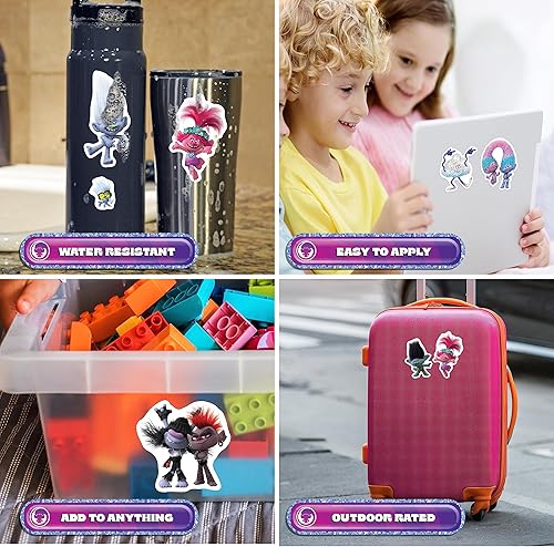 Miniatura 2 de DreamWorks Trolls Calcomanías de vinilo, juego de 12 calcomanías de película de Trolls para automóvil, botella de agua, bicicleta, casco, laptop,