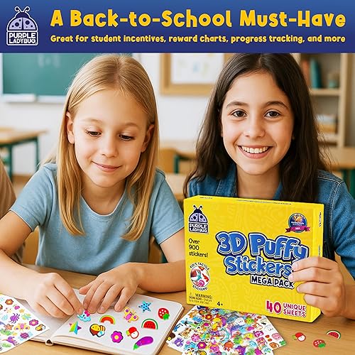 Miniatura 18 de Purple Ladybug 1900+ colección de calcomanías hinchadas para niños de 4 a 8 años - 80 hojas únicas reutilizables, diseños 3D creativos - calcomanías