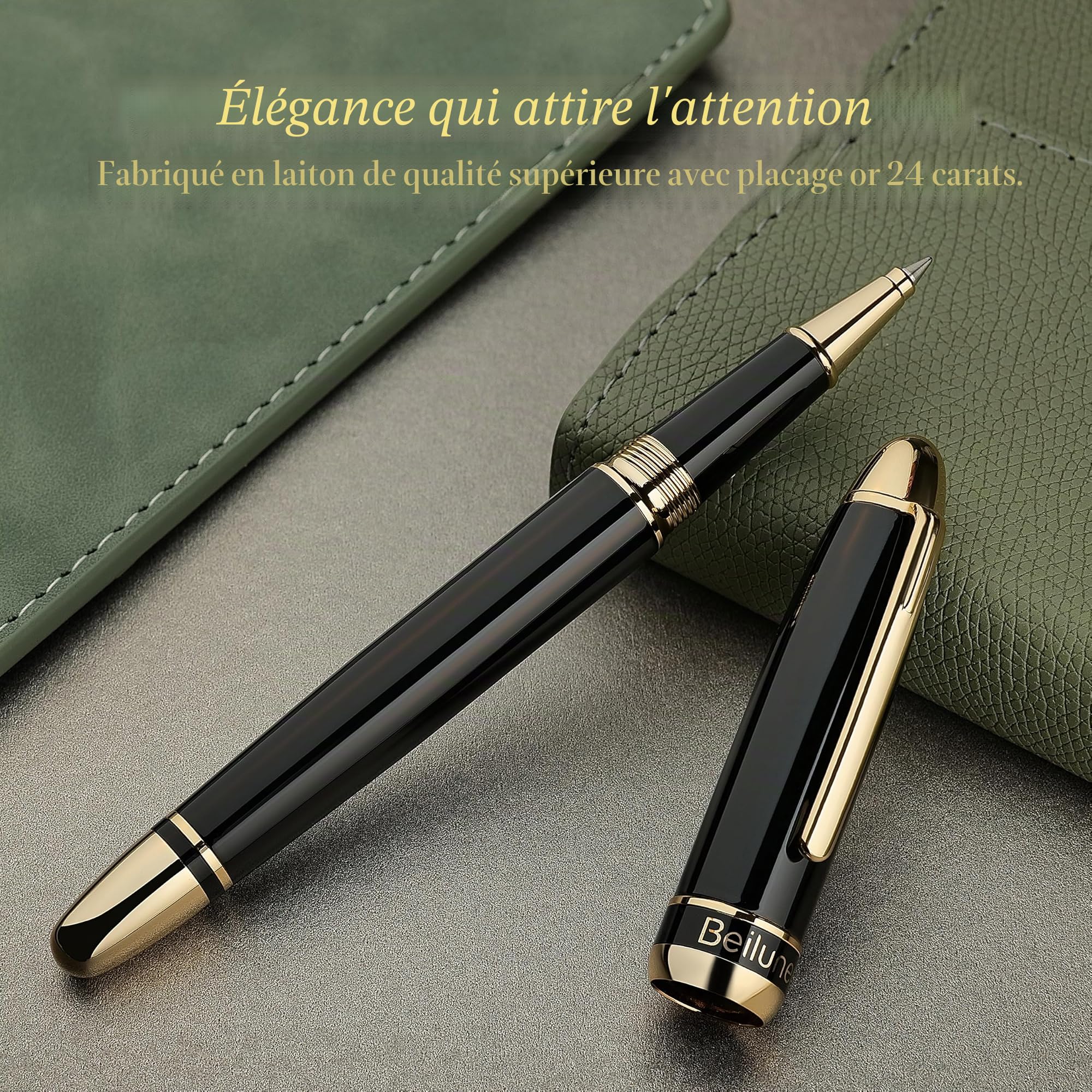 BEILUNER 315 Stylo Bille Roller de Luxe, Finition Or 24K Premium et Laqué Piano Élégant, Set Cadeau Cadre pour Professionnels et Diplômés, Stylo Bureau Raffiné - Noir & Or