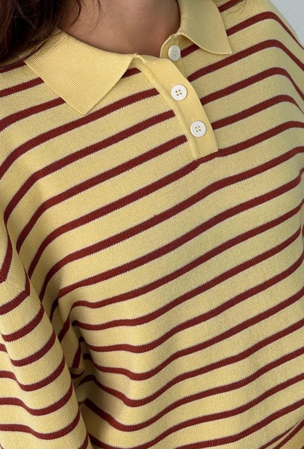 Oversized Striped Sweater for Women Collared Long Sleeve Preppy Polo Sweater Vintage Aesthetic Knitted Rugby Shirts - Image 5