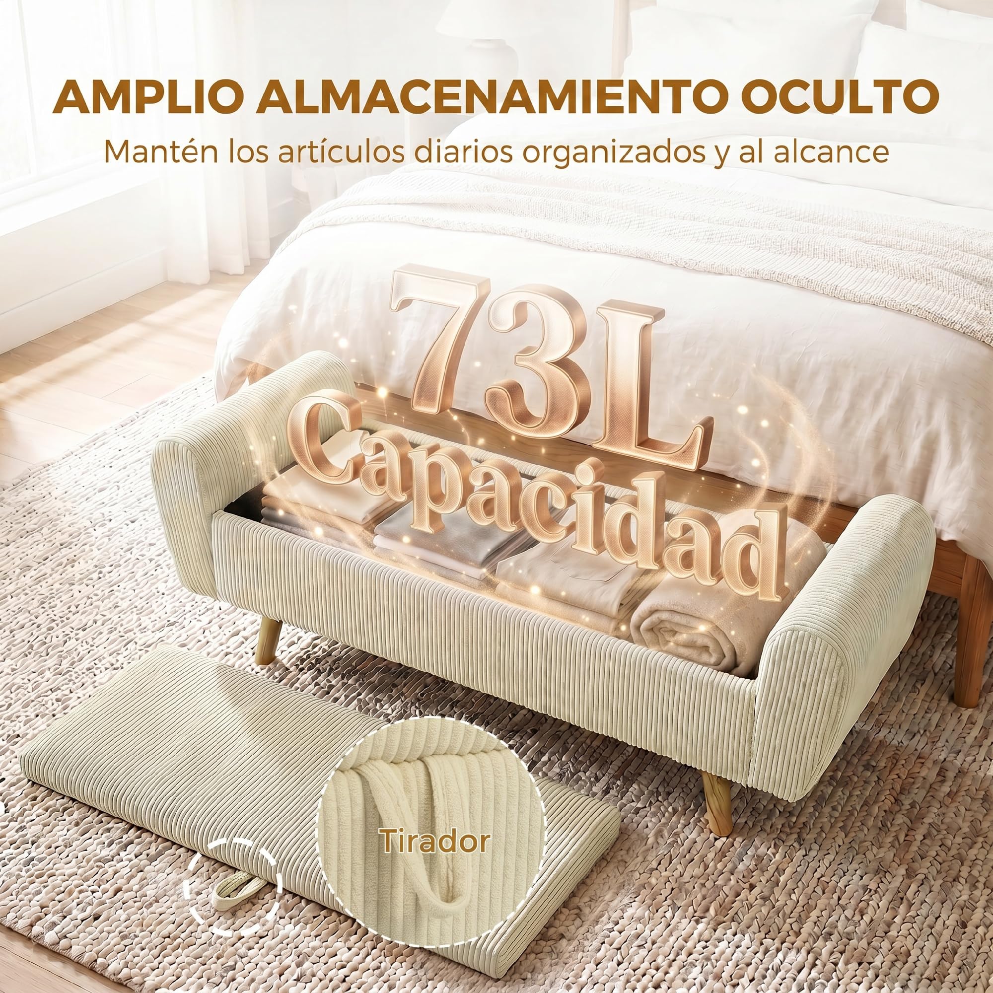 HOMCOM Banco Almacenaje 150 cm Puff Almacenaje Tapizado en Pana Beige | Banco Pie de Cama, Brazos Redondeados, Patas de Madera, Otomana para Dormitorio, Salón, Recibidor