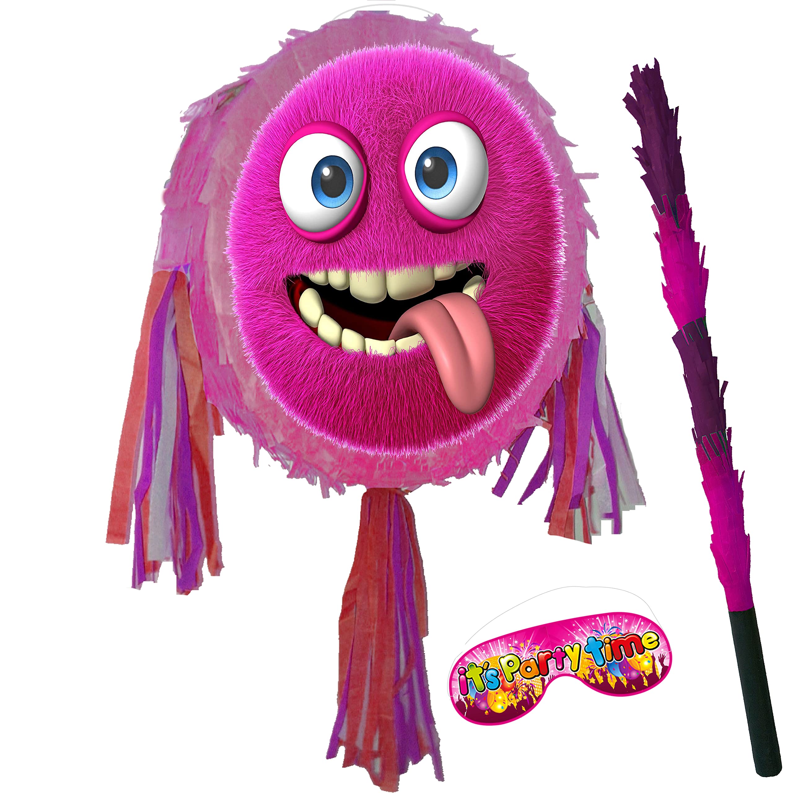Pink Monster Piñata with stick and blindfold