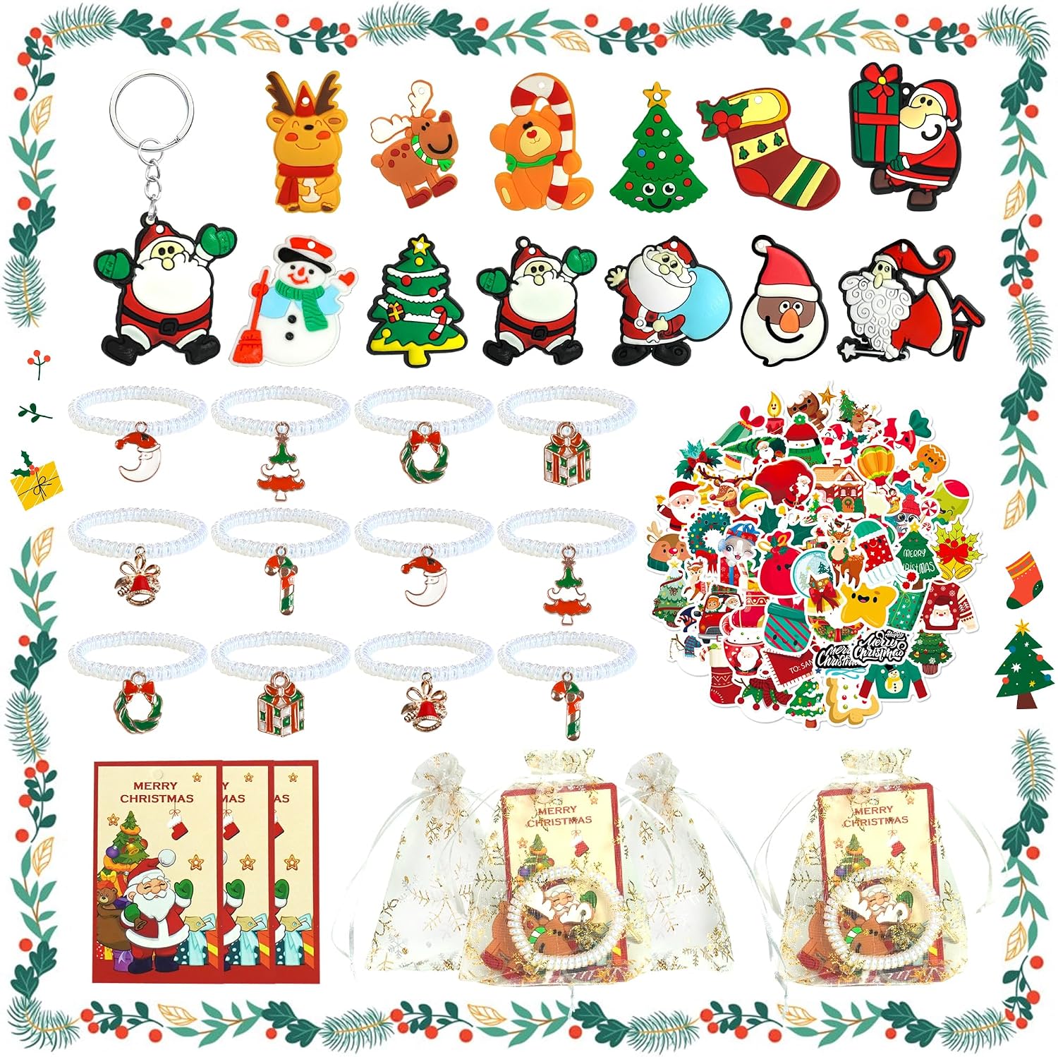 12 Sets Christmas Party Favors with Keychains White Organza Bags Stickers and Thank You Tags for Party Gift Boys Girls Christmas Party Supplies (White)