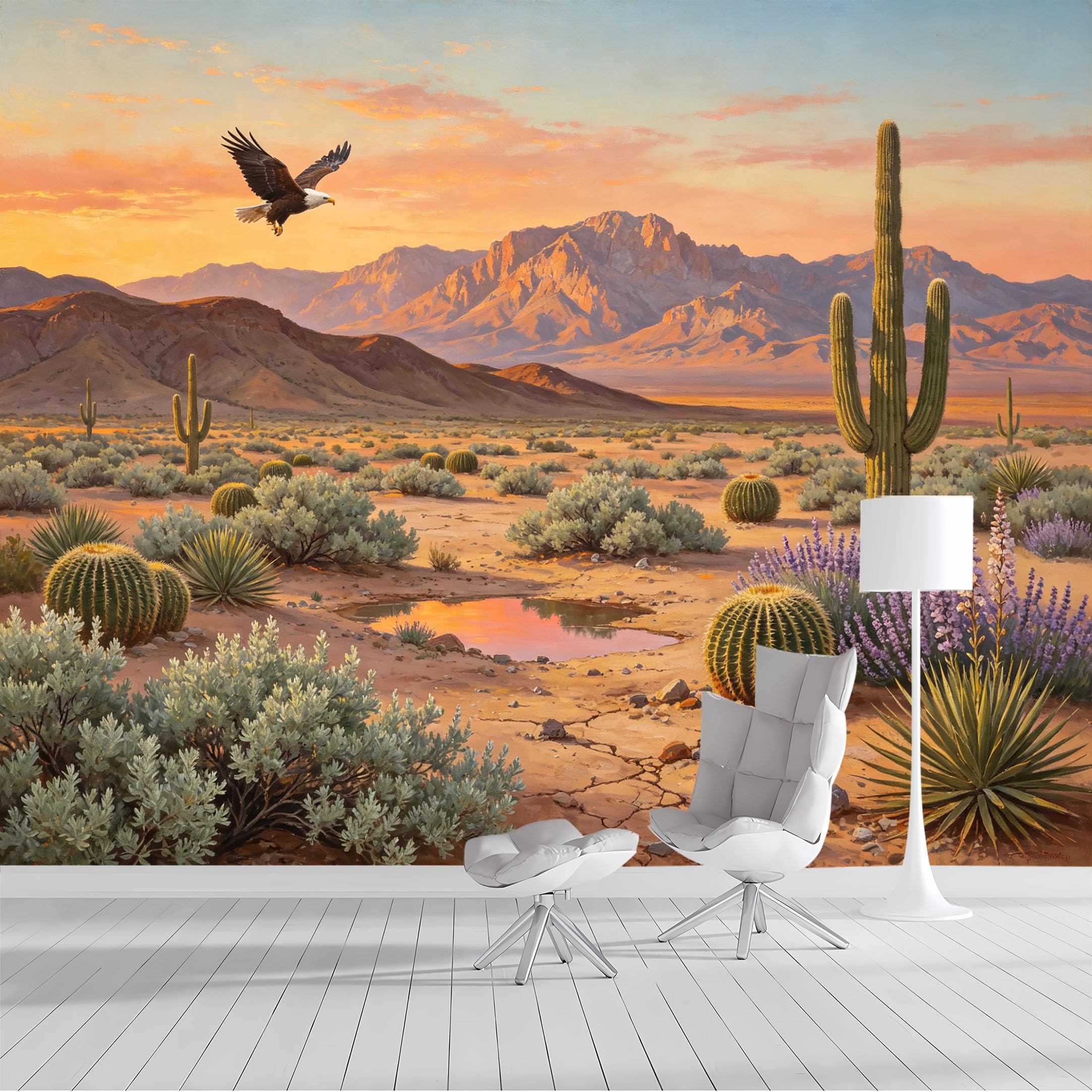 Custom Size Wall Mural Desert Eagle Sunset Landscape Oil Painting SelfAdhesive Wall Fabric Removable Peel and Stick Wallpaper Wall Decor for Living Room Bedroom Bathroom