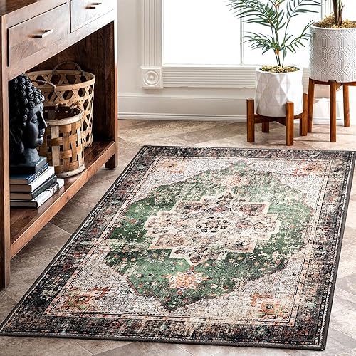 Miniatura 7 de Alfombras pequeñas de 2 x 3 pulgadas para entrada, alfombra bohemia verde para baño, pasillo, alfombra de cocina vintage, antideslizante, lavable,