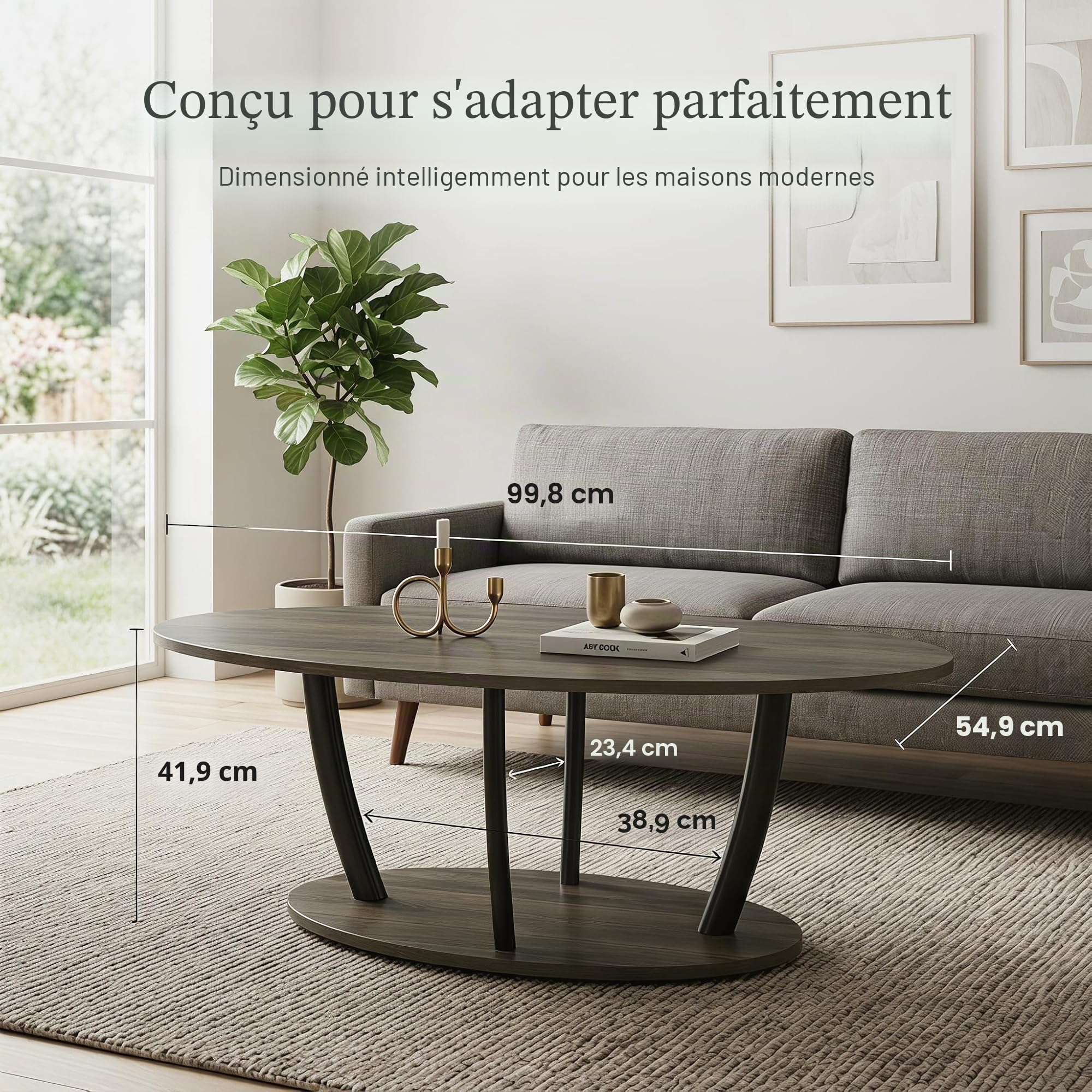 Manora Table basse ovale moderne du milieu du siècle, petites tables basses à 2 niveaux pour salon, table centrale avec étagère de rangement, gris