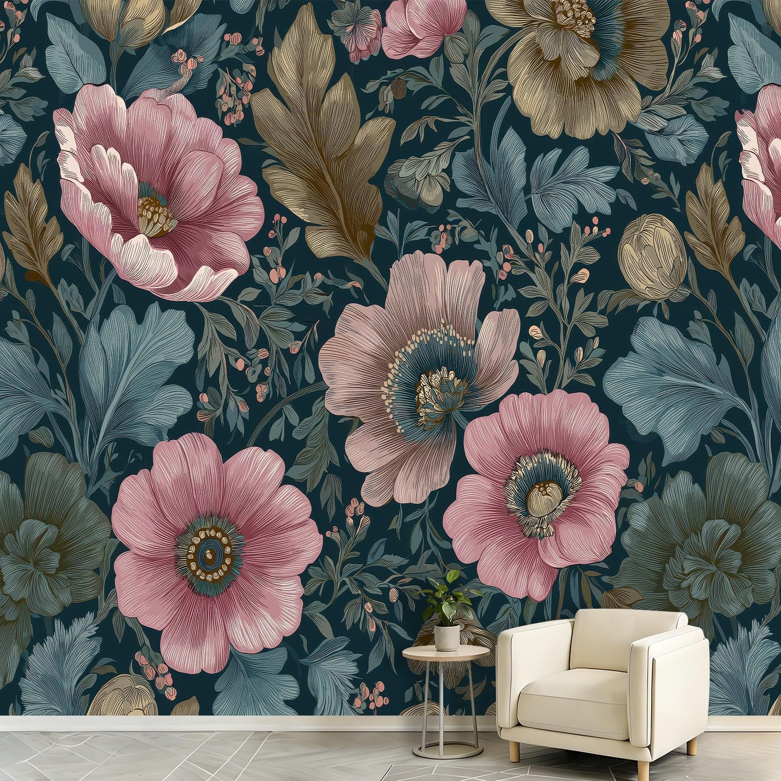 Panoramiczna tapeta w stylu retro barokowym, 350 x 256 cm, tapeta dekoracyjna do salonu i sypialni, efekt 3D, kwiaty, dzikie kwiaty, rośliny gałęzie liści