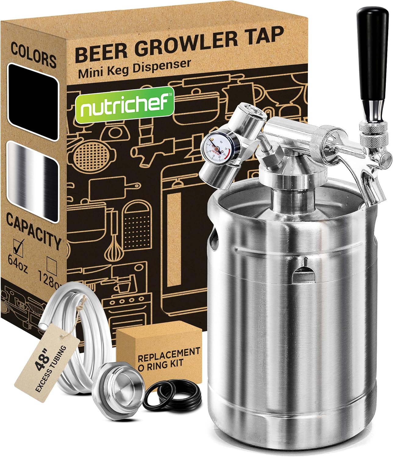 NutriChef Pressurized Growler Tap System, 64oz Stainless Steel Mini Keg Dispenser Portable Kegerator Kit, Co2 Pressure Regulator Keeps Carbonation for Craft Beer, Draft and Homebrew