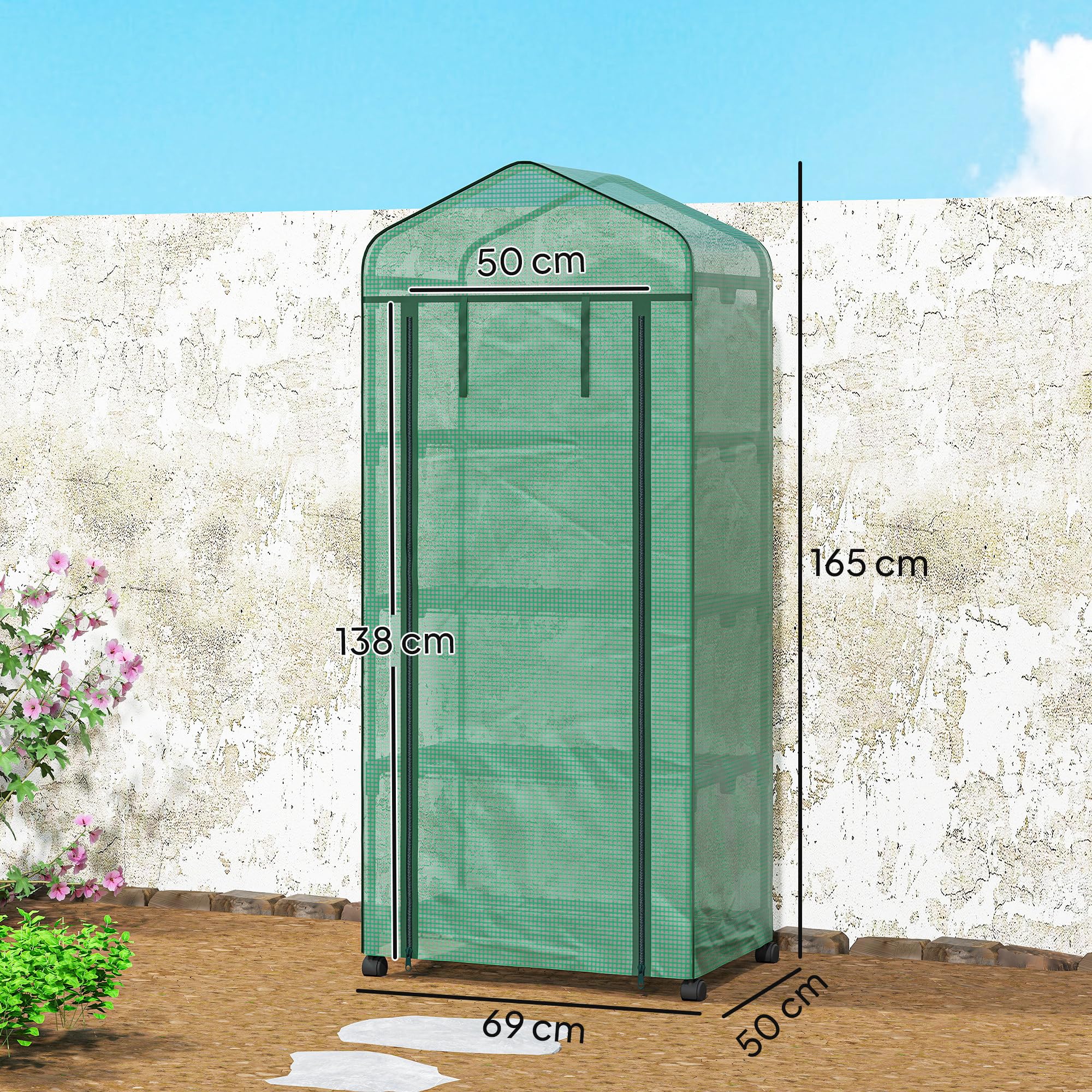 Outsunny Serra da Balcone a 4 Livelli con Porta Avvolgibile e 4 Rotelle, Serra per Orto con Struttura in Acciaio e Copertura in PE per Orto, Verdure, Fiori e Frutta, 69x50x165 cm Verde