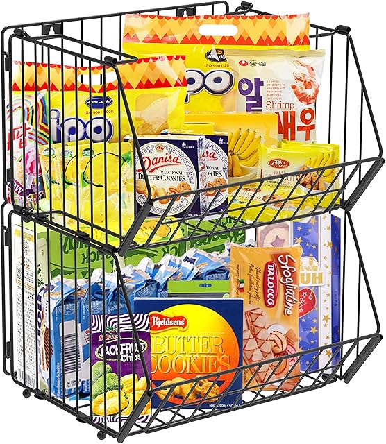 Stackable Metal Wire Storage Basket, Large Organizer Storage Baskets, Multipurpose Organizer Bins for Organizing Kitchen, Pantry, Freezer, Bathroom and Offices (Black, 2PCS)