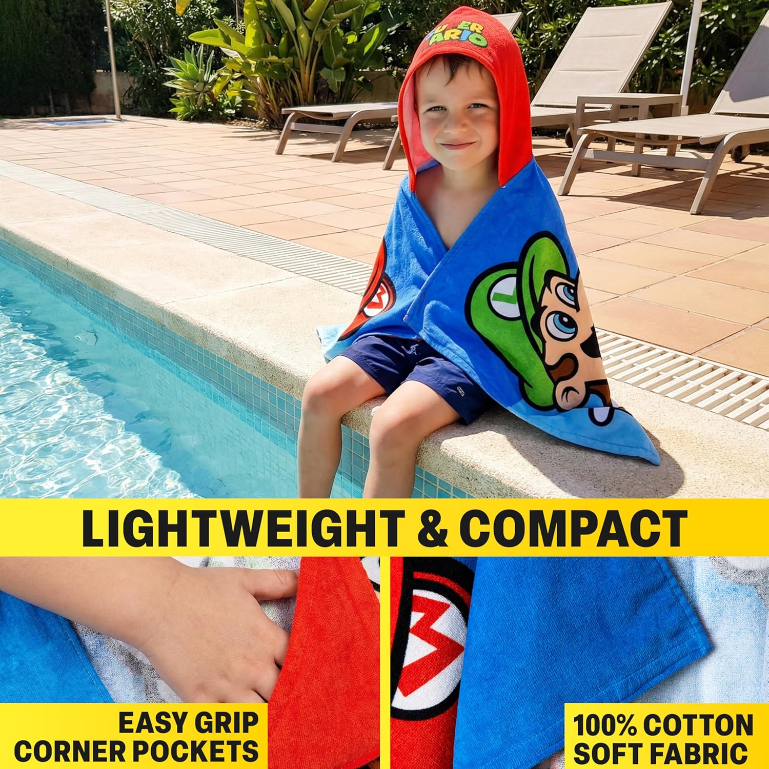 Get Trend Super Mario Bath Towels with Hood for Boys, 49”x30”, One Size Soft and Absorbent Hooded Cotton Beach Towel Wrap, Swimming Pool Poncho, Travel for Boys (Multi Super Mario)