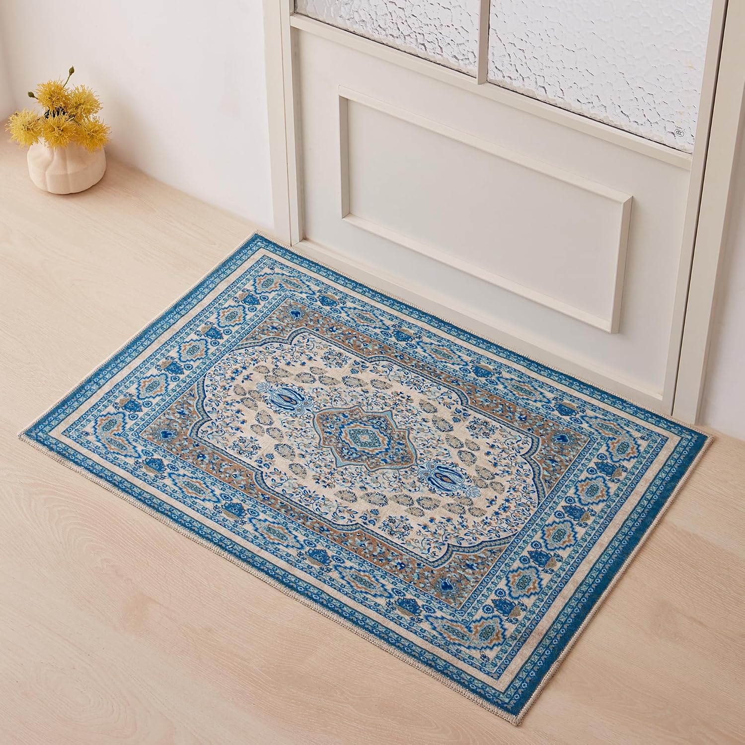 COOVA 2x3 Washable Rug Vintage Rug Traditional Style Thin Mat Retro Kitchen Indoor Distressed Non-Slip Carpet Floral Print Mat Suitable for Living Room, Bedroom, Dining Room,Crown Blue