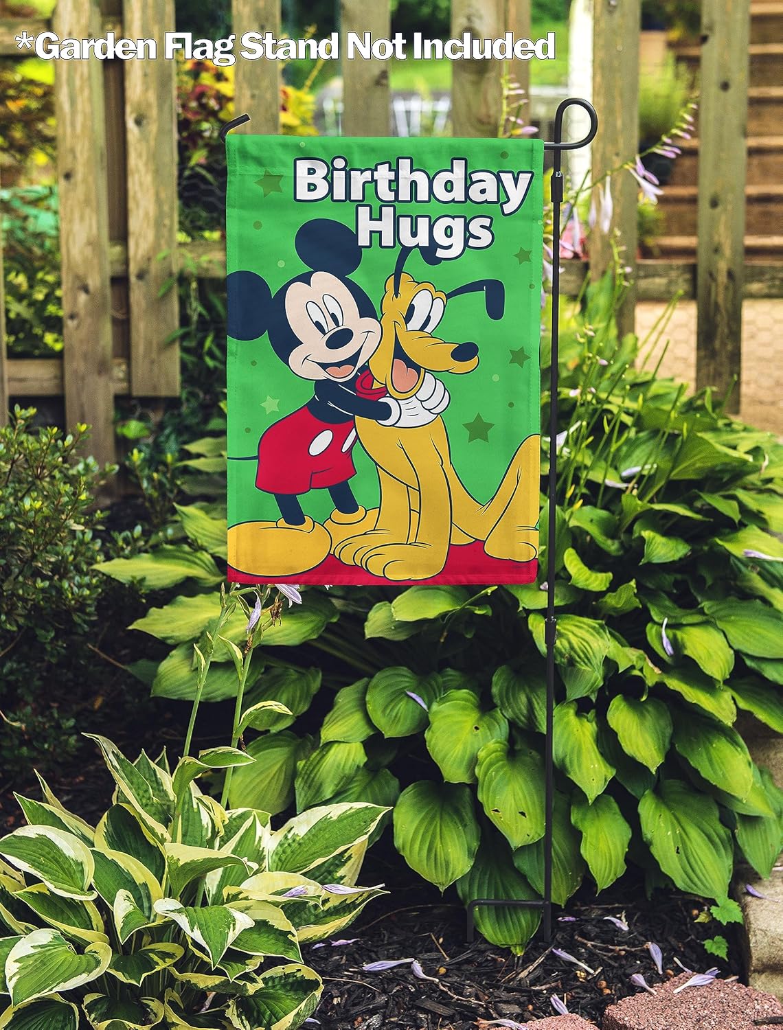 Flagology, Disney Birthday Hugs Mickey and Pluto – Garden Flag 12" x 18", Outdoor Flag, Exclusive Premium Fabric, Officially Licensed Disney, Birthday