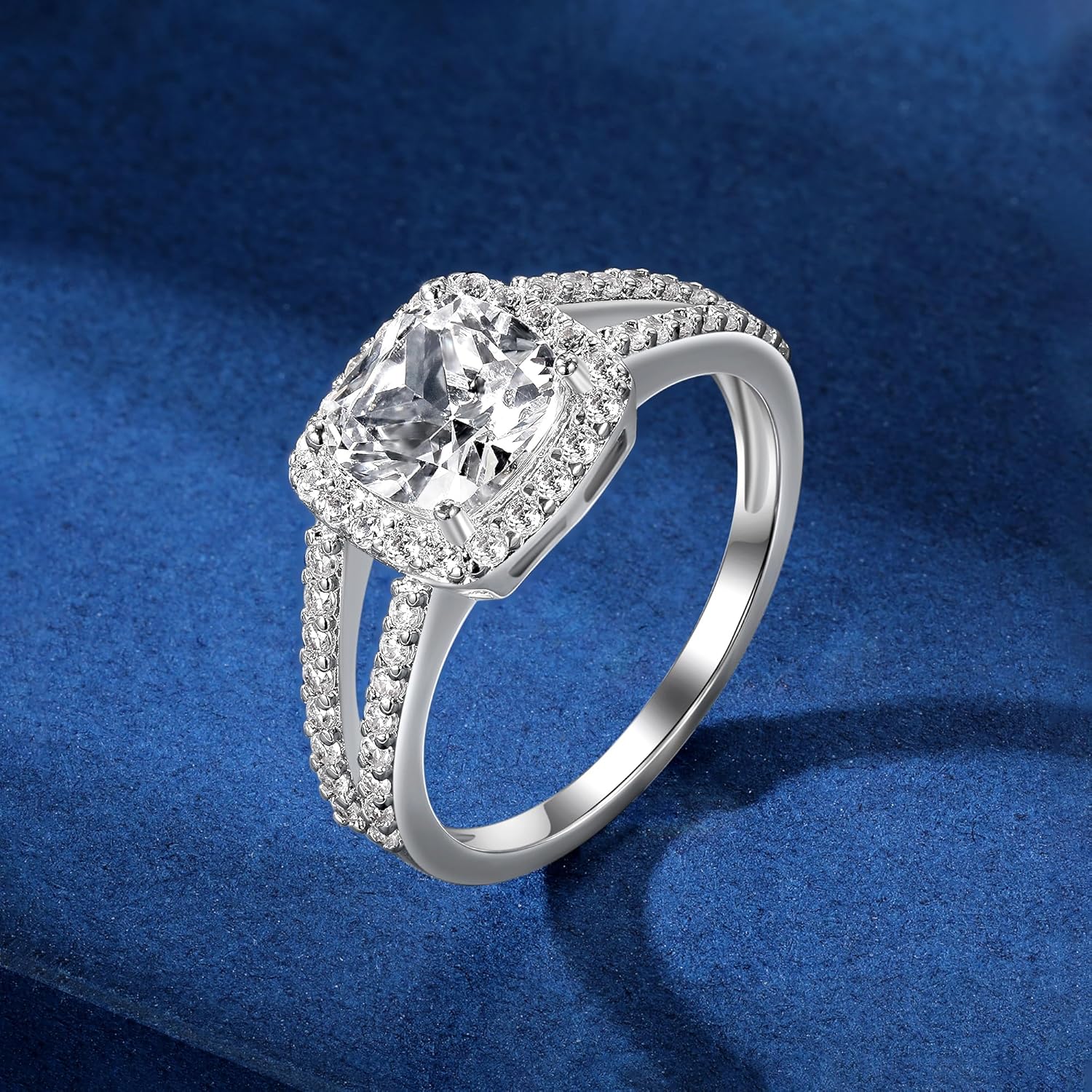 MDFUN 18K White Gold Plated Cubic Zirconia Square Halo Wedding Engagement Promise Eternity Ring for Women - Image 2