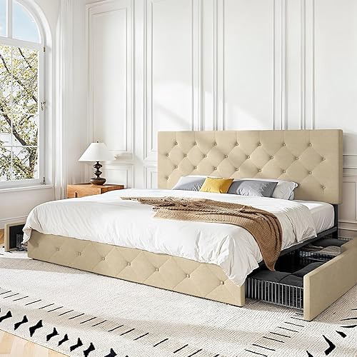 Miniatura 108 de HOOMIC Base de cama de almacenamiento de plataforma de tamaño matrimonial con 4 cajones y cabecera ajustable, listones de madera, no necesita Negro,