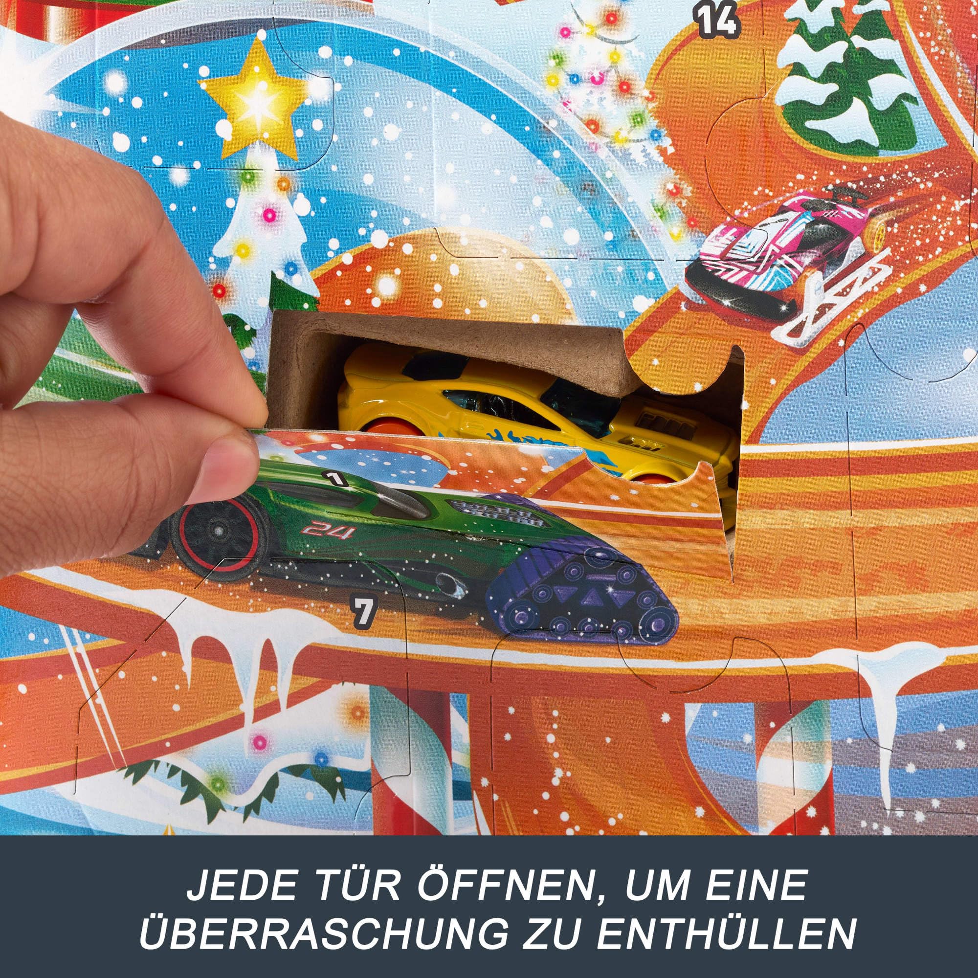 Hot Wheels Spielzeugautos, Adventskalender 2024, 8 Hot Wheels Autos im Maßstab 1:64, hinter 24 nummerierten Türchen verstecken sich 16 winterliche Zubehörteile und eine Spielmatte, HTG00