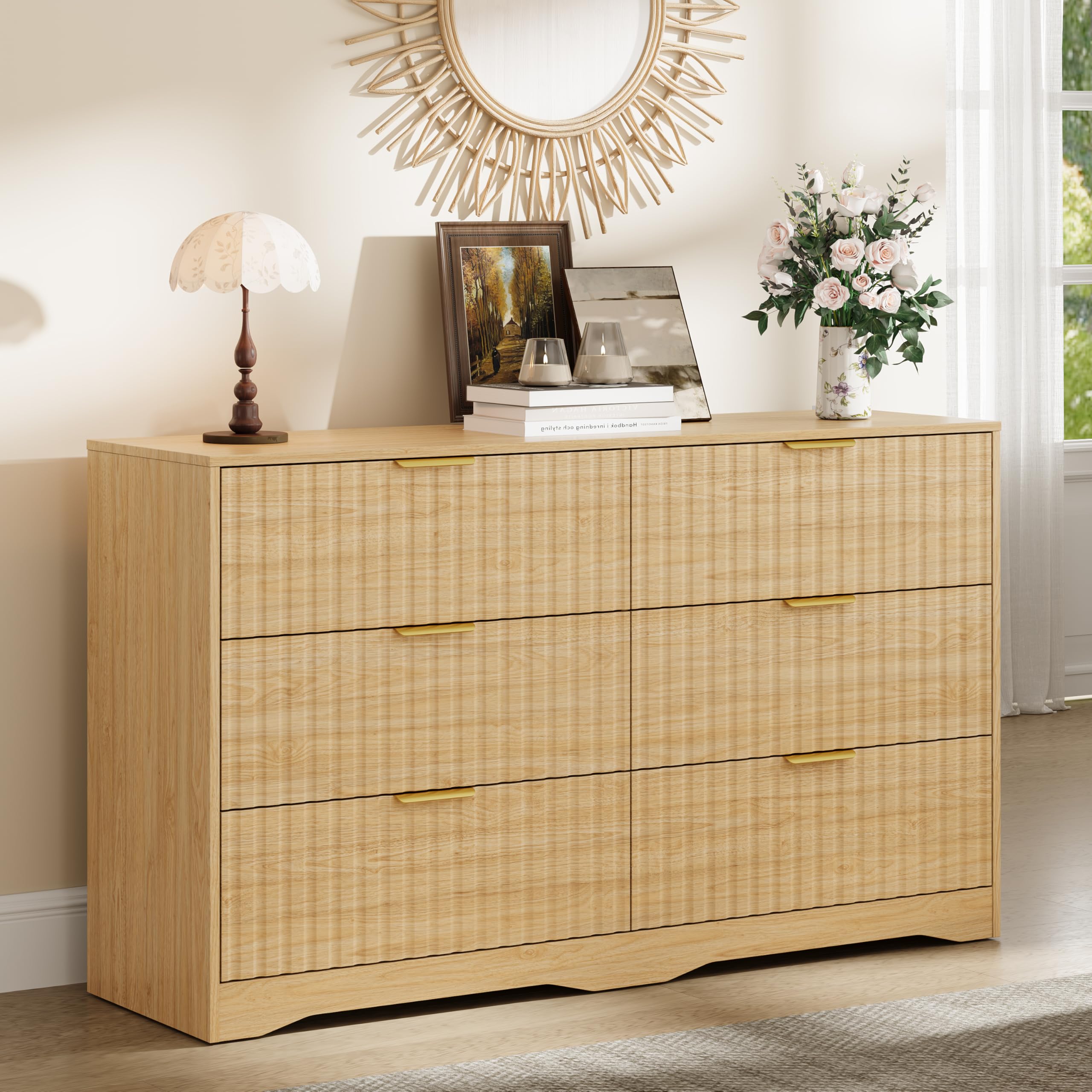 Fluted 6 Drawer Dresser for Bedroom,Wide Chest of Drawers,Natural Wood