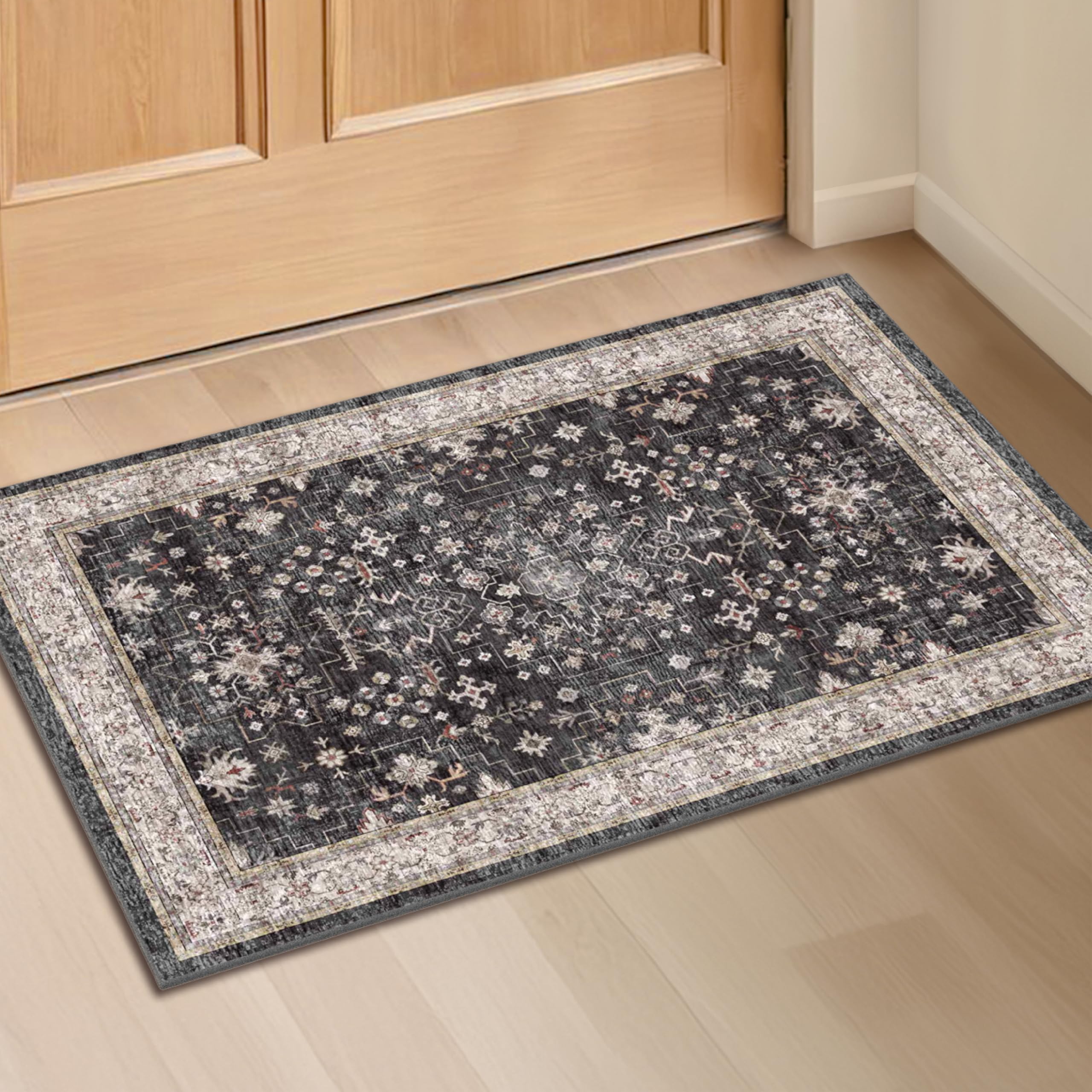 – Alfombra pequeña para entrada, cocina o baño, antideslizante con base de goma, resistente a las manchas y a la decoloración, diseño floral color negro carbón ceniza, 2 x 3 pulgadas 8