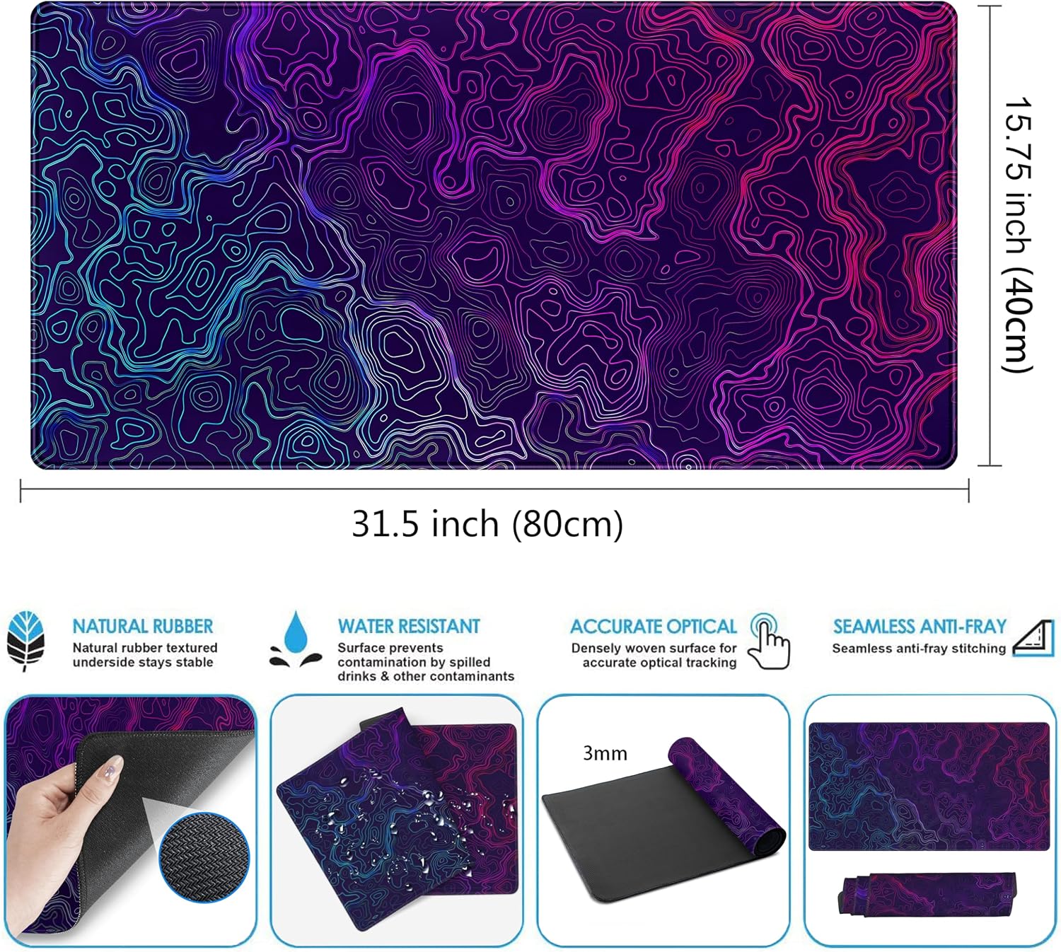 Blue Purple Desk Pad Topographic Map Desk Mat XXL Large Extended Gaming Mouse Pad Computer Mat, Laptop Keyboard and Mouse Mat, Office Decor Non-Slip Mousepad with Stitched Edge, 31.5''x15.7'' image 3