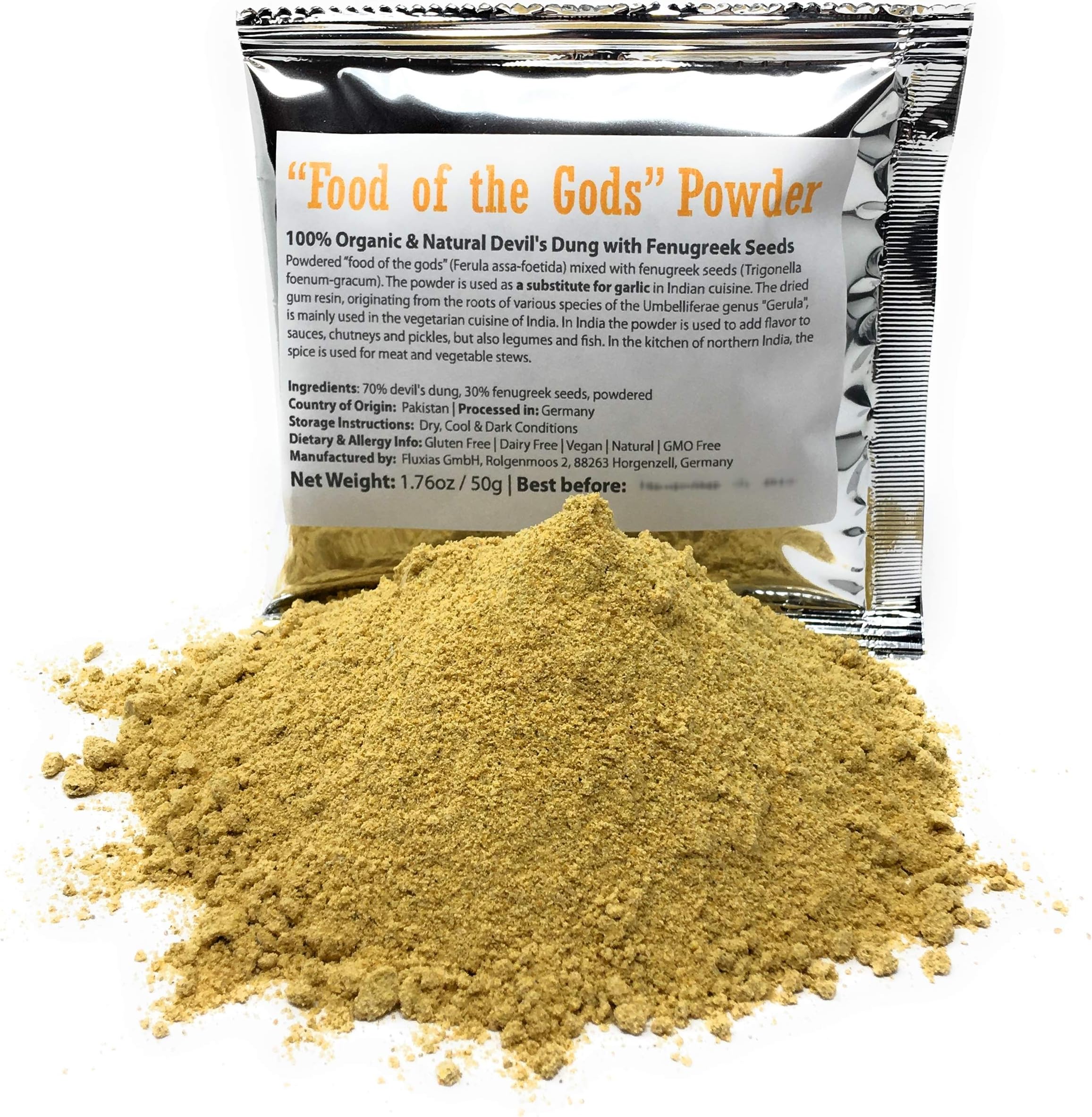 “Food of the Gods” Asafetida Powder (Asafoetida/Hing) - 100% Natural Devil's Dung with Fenugreek Seeds - Net Weight: 1.76 Ounces / 50 Grams