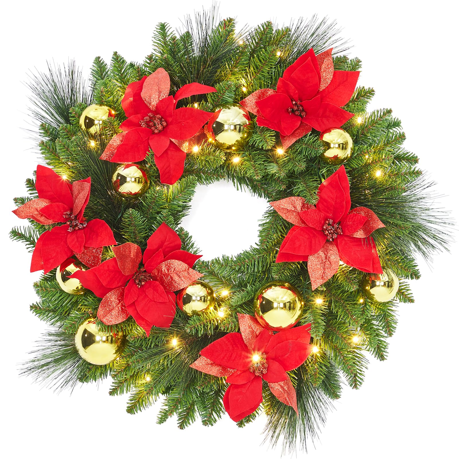 60cm Pre-Lit Decorated Wreath, Christmas Wreath for Front Door, Christmas Door Wreaths with Lights & Boubles & Artificial Poinsettia Flowers, Xmas Garland for Christmas Decorations