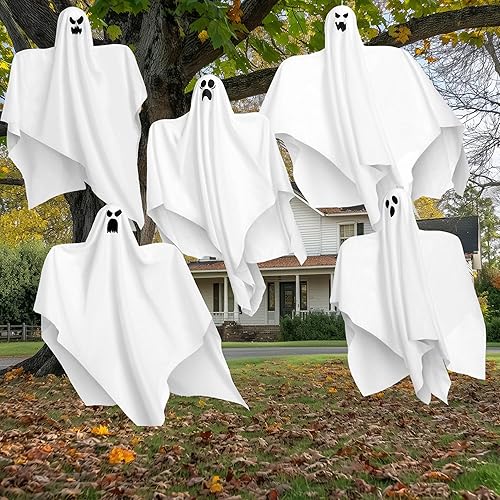 Miniatura 8 de JOYIN Fantasmas colgantes de Halloween de 27.5 pulgadas para decoración al aire libre (paquete de 5), lindo fantasma volador para Halloween, patio