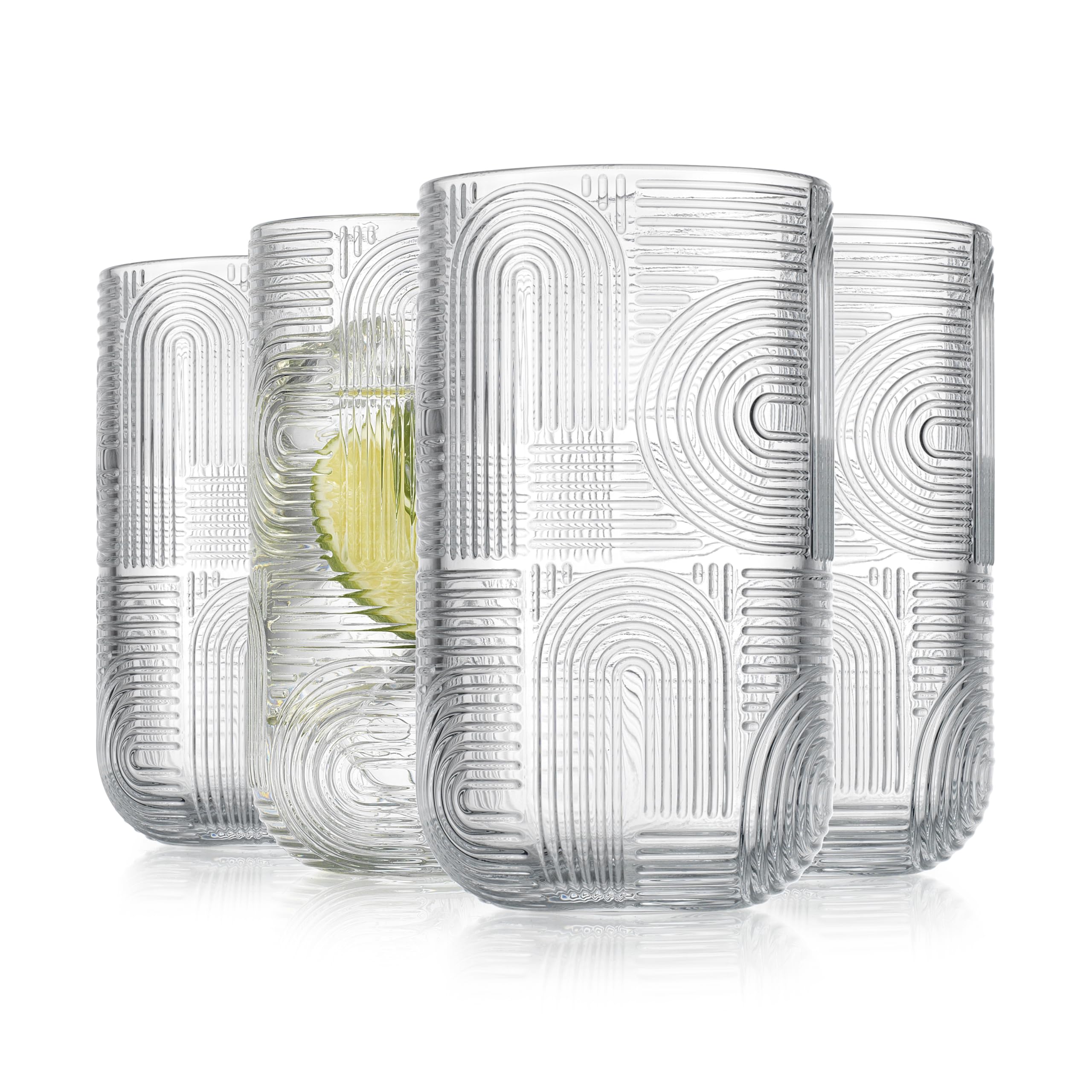 Glavers Drinking Glasses Highball Glasses 17 Ounce Thick Embossed Designed Set of 4 Clear Kitchen Glassware For Everyday