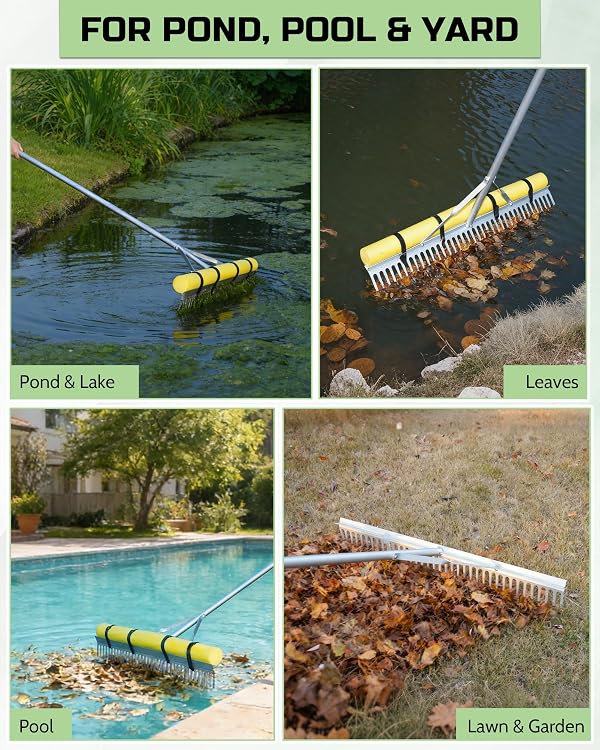 Pond Rake, 36" Floating Rake with 8.5ft (102in) Extension Handle & 52ft Rope, Aluminum Aquatic Weed Rake for Lake, Heavy Duty Landscape Rake for Algae, Muck & Debris Removal, 2-in-1 Water & Land Tool by Subtoy - Image 9