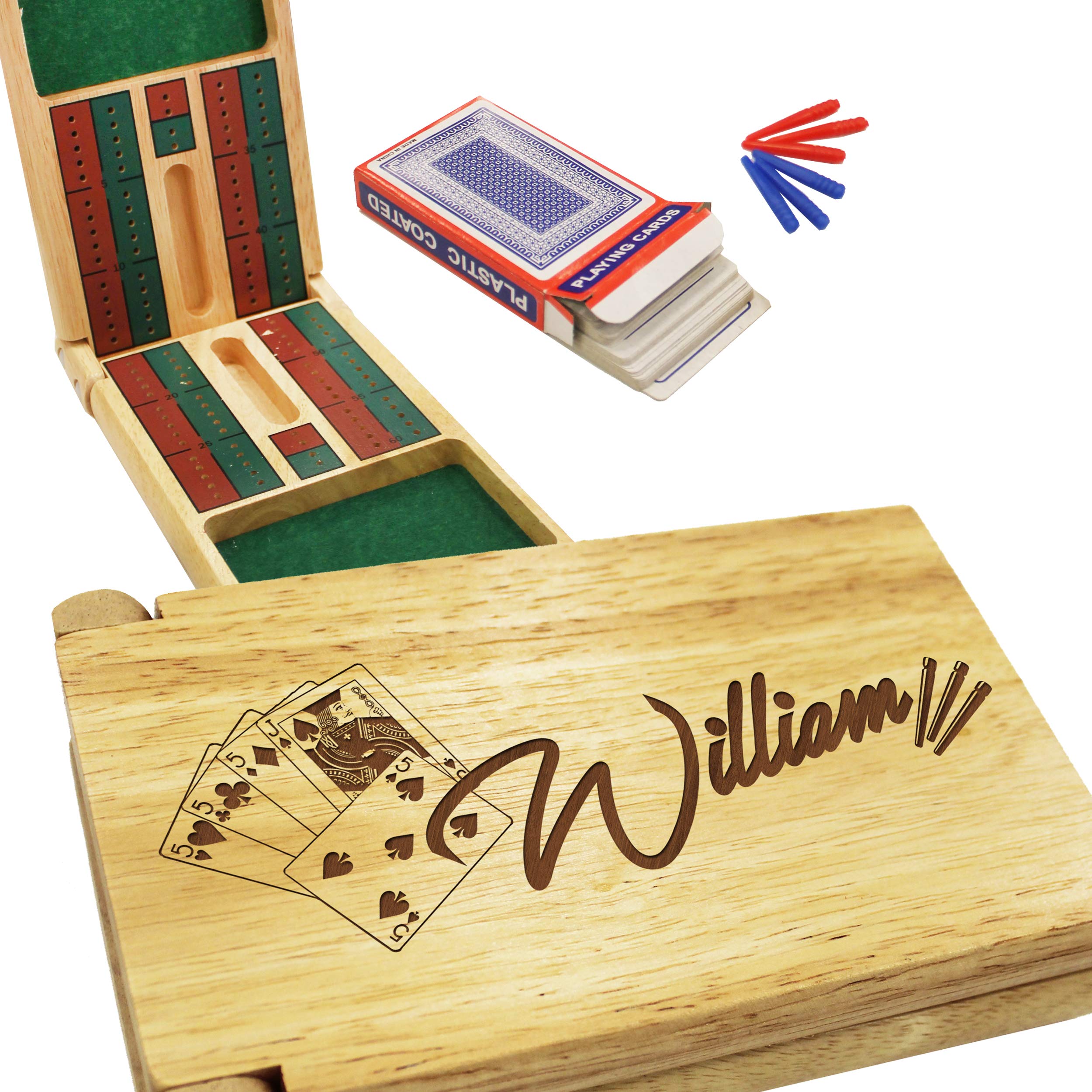 My Personal Memories Custom Engraved Classic Wood Complete Cribbage Board Game Set with Cards, Nobs, Card Storage - Personalized Travel Cribbage Gift